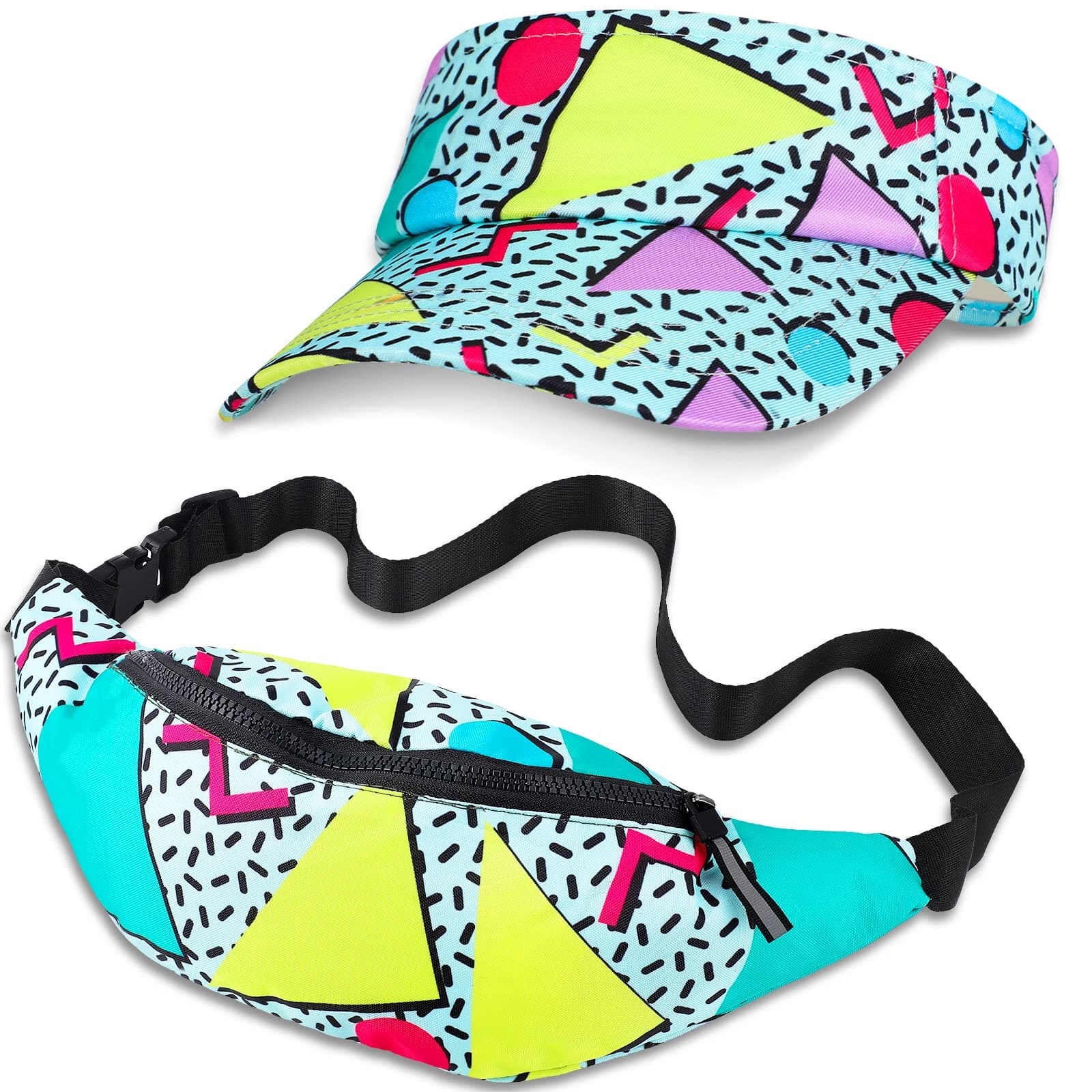 Mepase 2 Pcs 80s 90s Fanny Pack 80s Outfit Sun Visor Hat Waist Bag 80s Accessories for Men Women Summer Party Golf Tournament