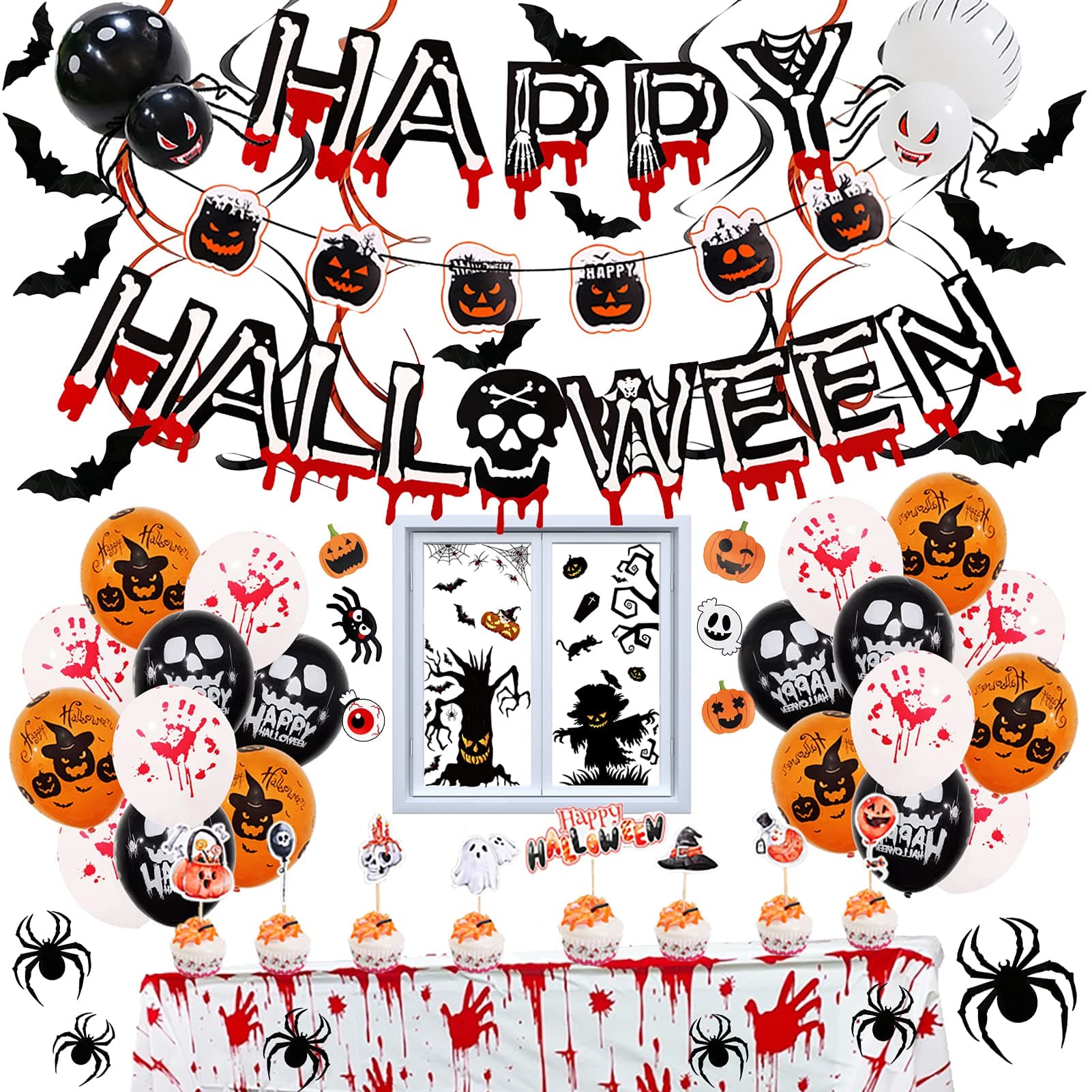 82 Pack Halloween Party Decorations Set - Halloween Banner, Hanging Swirl, Halloween Balloons, Bloody Tablecover, Window Clings with 3D Bat Wall Decal Perfect for Outdoor Indoor Halloween Decorations