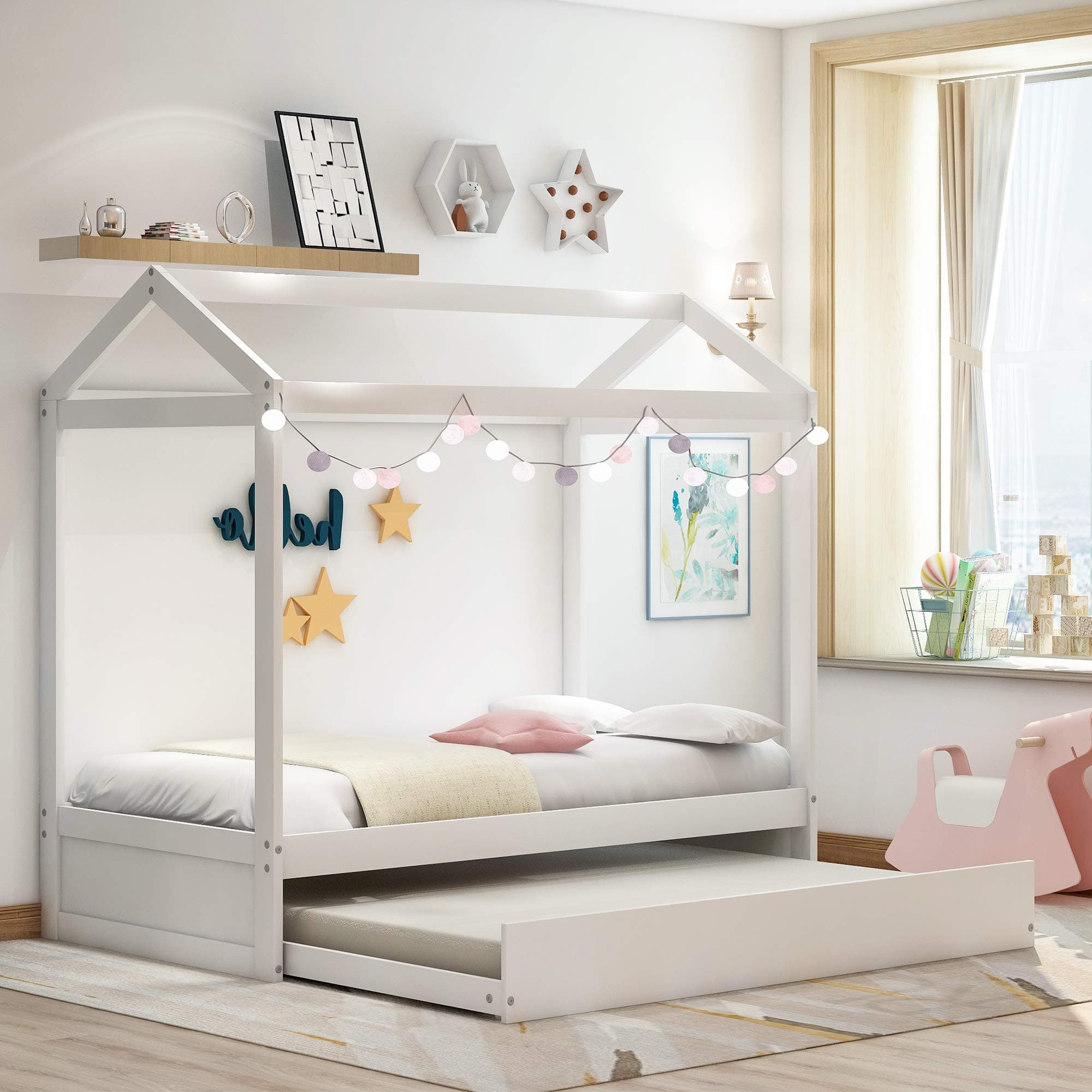 Twin Daybed with Trundle and Roof, Wood Twin Size House Bed Frame for Kids, Bedroom Furniture Premium Wood Children Toddler House Bed Frame, Twin Size Tent Bed/Floor Bed, Can Be Decorated, White