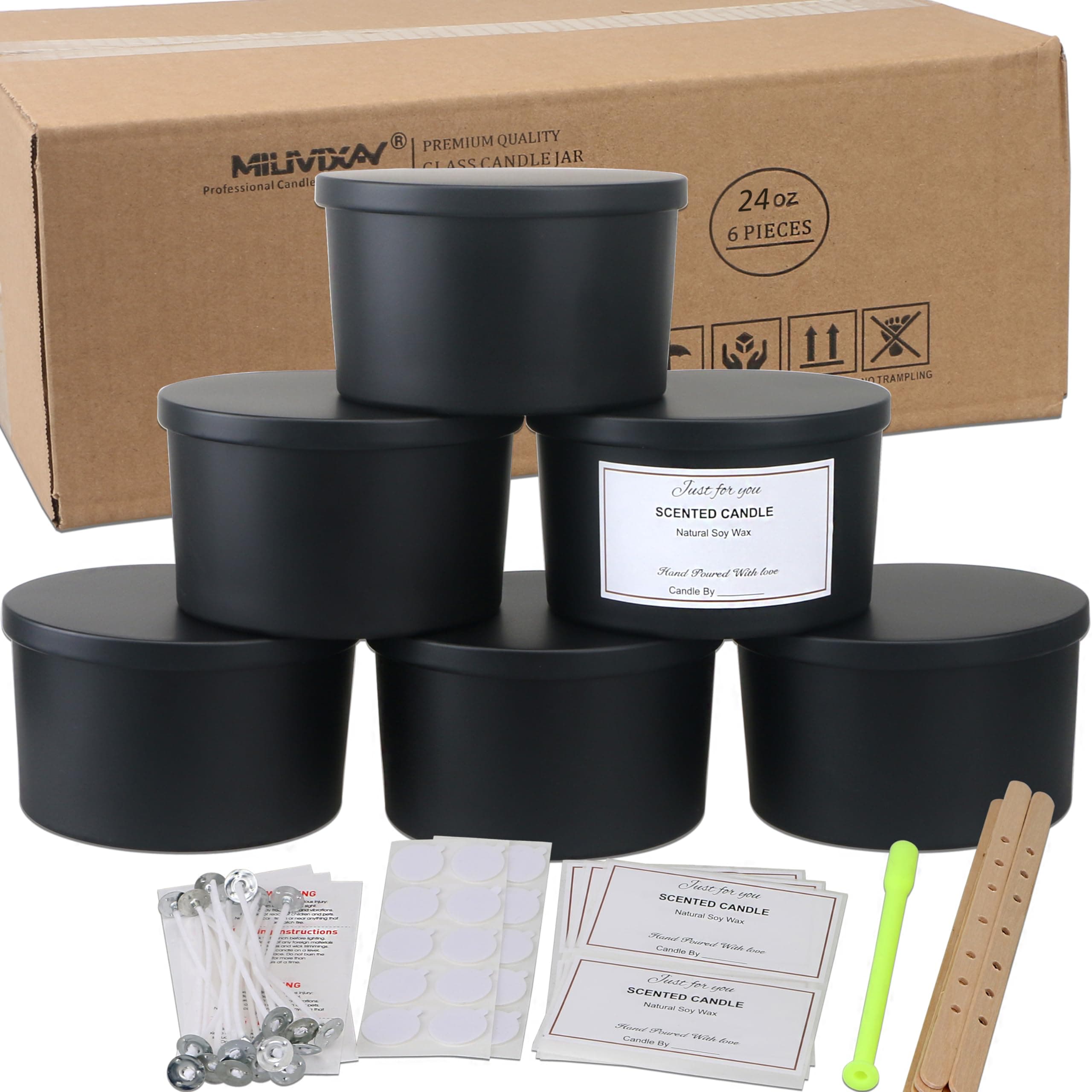 MILIVIXAY 6 Pack 24 oz Candle Jars With Metal Lids and Making Kits - 3 Wick, Bulk Empty Matte Black Thick Glass for Large Candles - Spice, Powder Containers