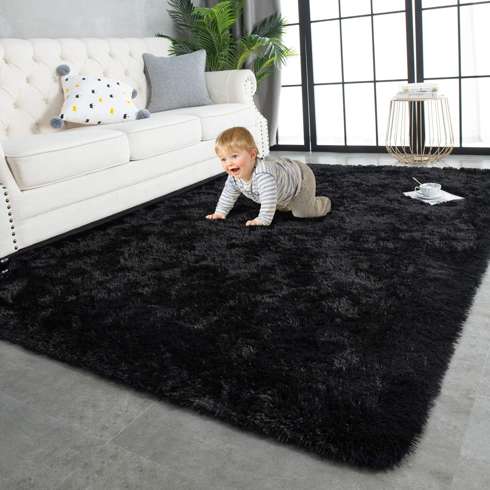 TWINNIS Super Soft Shaggy Rugs Fluffy Carpets, 8x10 Feet, Indoor Modern Plush Area Rugs for Living Room Bedroom Kids Room Nursery Home Decor, Upgrade Anti-Skid Rectangular Fuzzy Rug, BlackOEKO-TEX STANDARD 100
