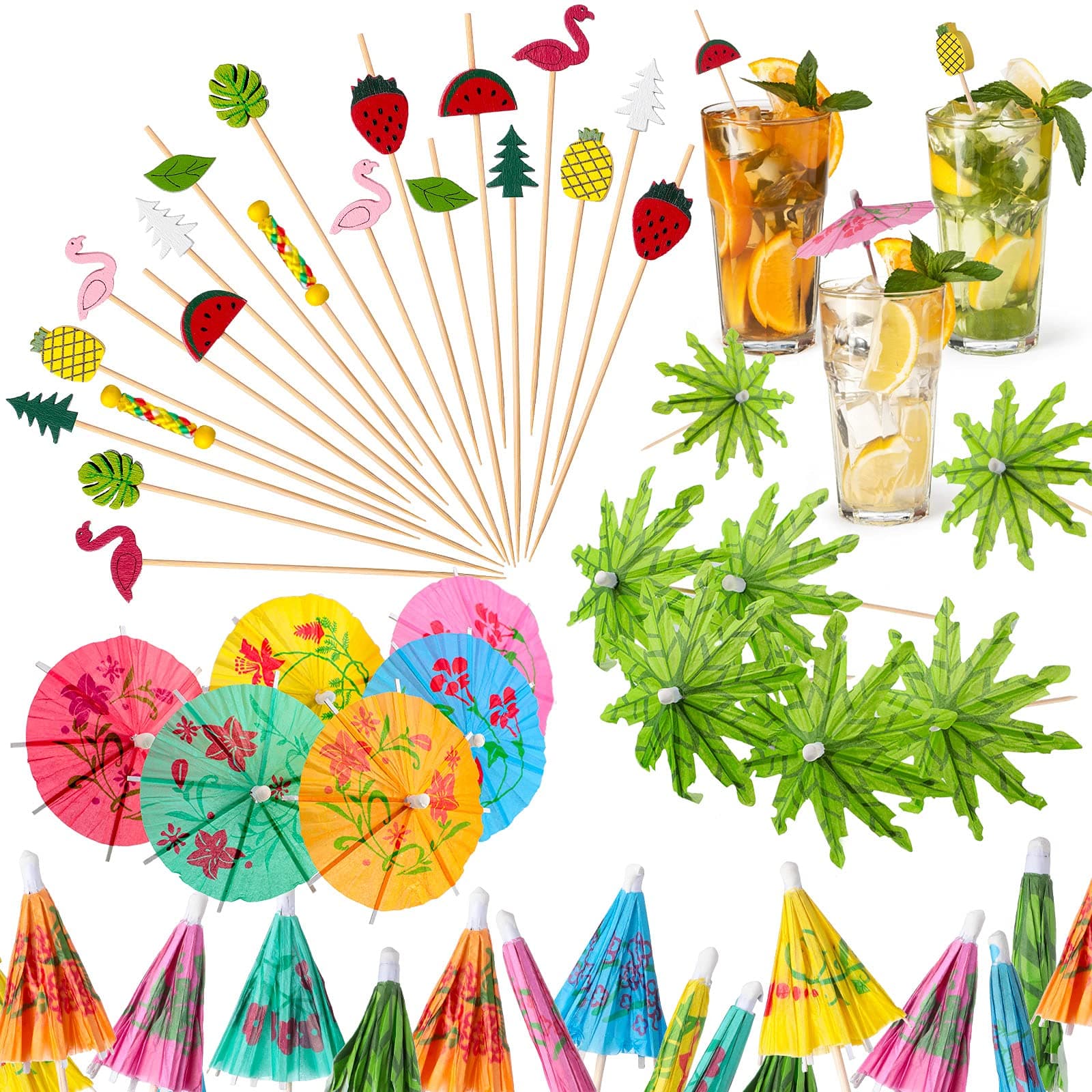 Patelai 160 Pieces Cocktail Picks 4.7 Inch Fruit Sticks Bamboo Toothpicks Green Tropical Coconut Palm Summer Day Paper Umbrellas and Colorful Drink Umbrellas for Luau Hawaii Beach Party (Mixed Style)