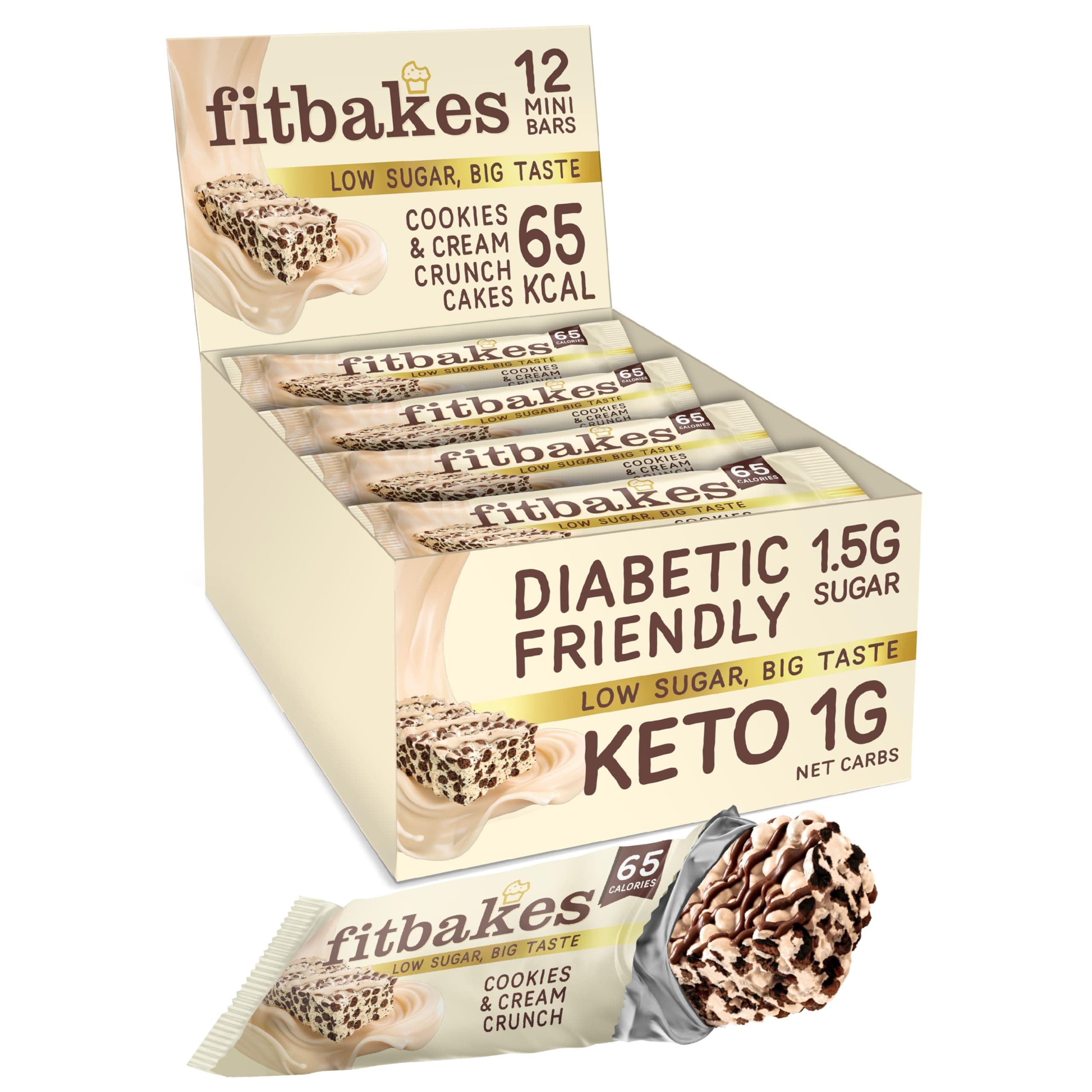 Fit bakes 65 Calories Keto Cookies & Cream Mini Bars (12x19g) Diabetic Chocolate Keto Snack, 1 Net Carb Low Sugar Chocolate Bar, Diabetic Sweets Biscuits, Low Calorie Snack Crunch Cake, Fitbakes
