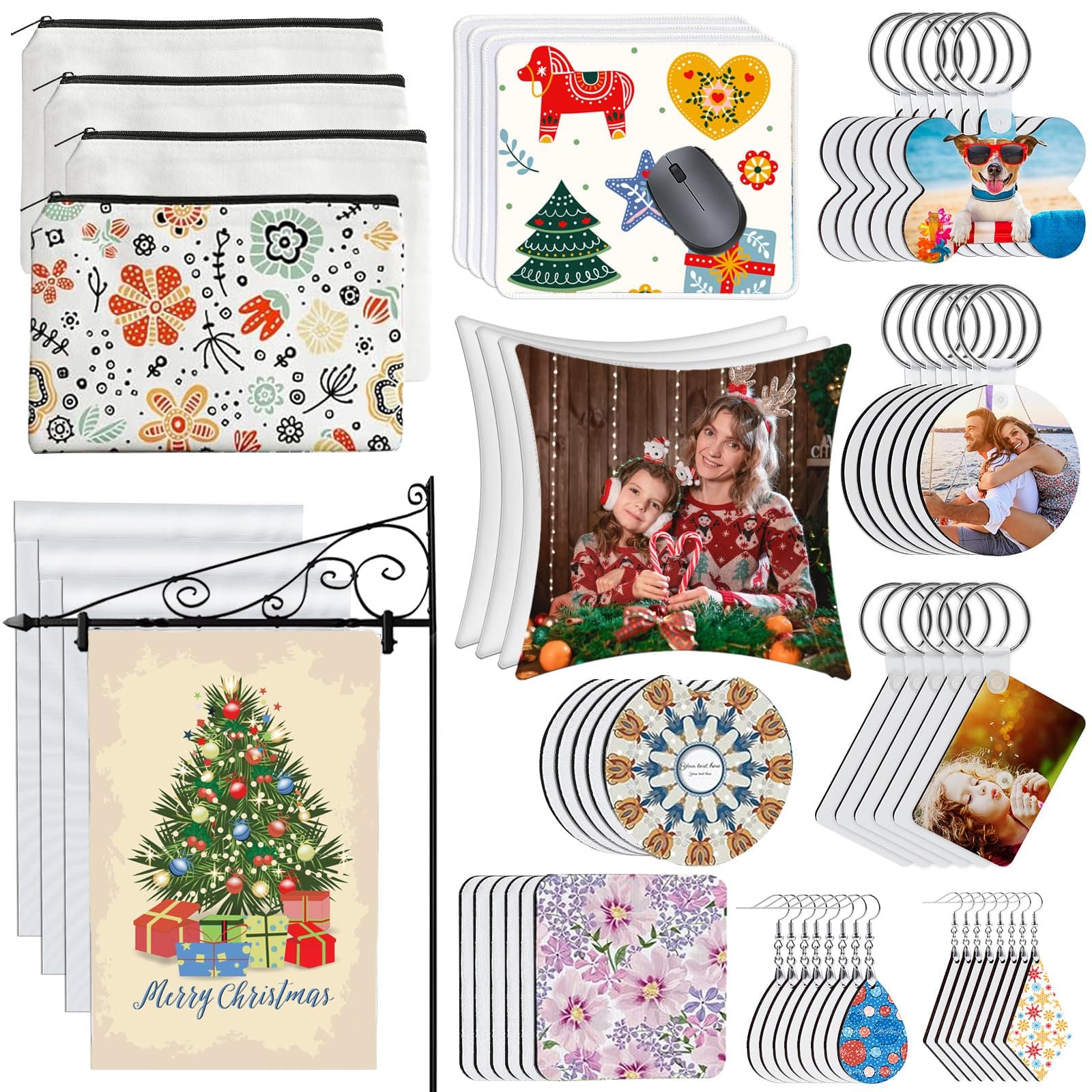 AMDAILY 114Pcs Sublimation Blanks Products, DIY Blank Makeup Bag, Keychain, Earring, Pillow Cover, Mouse Pad, Coaster, Garden Flag for Sublimation Transfer Christmas Craft