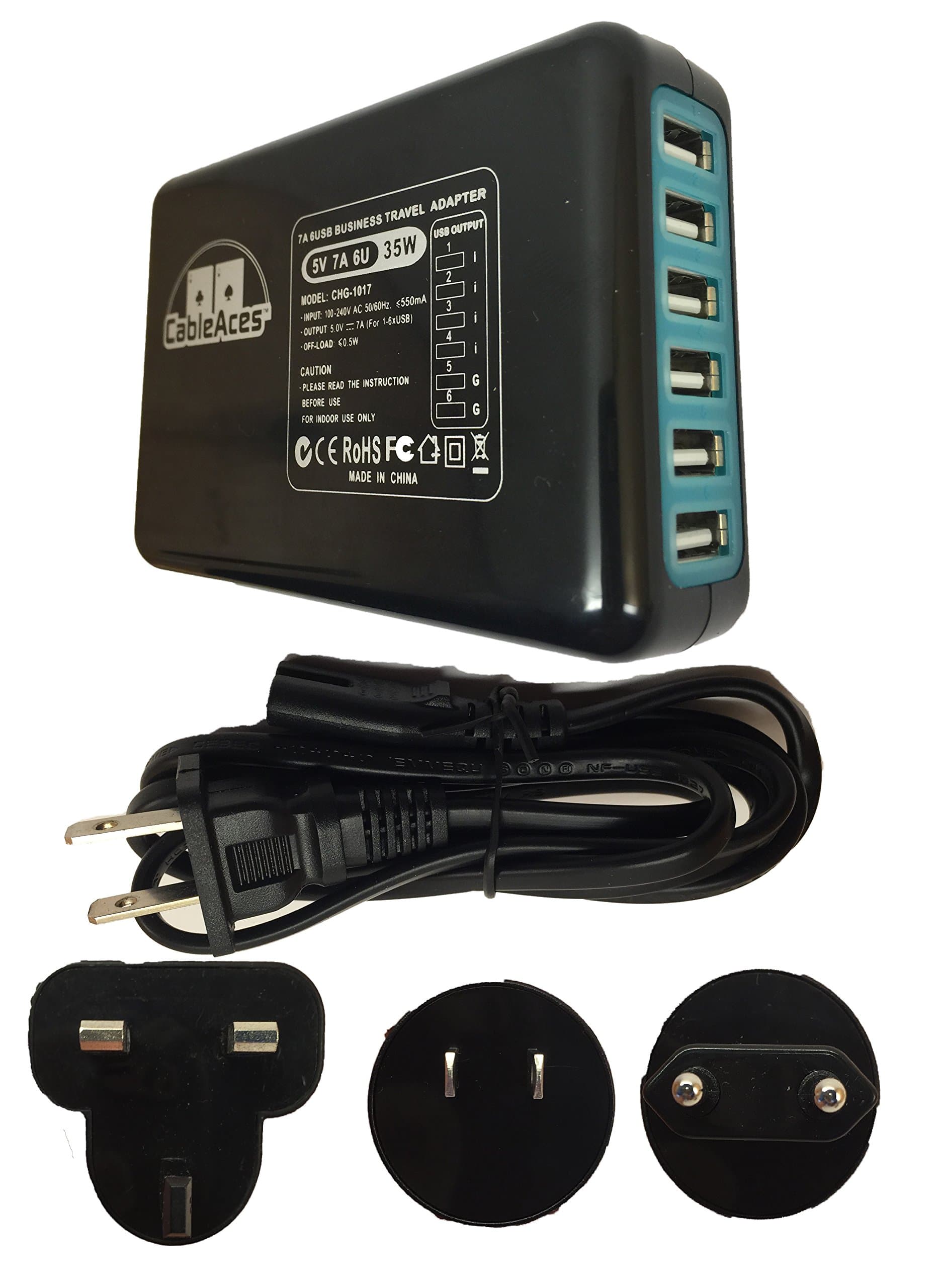 6 Port International Travel Adapter CableAces 35 Watt Powerful Personal Device Multicharger Charges 6 Devices Simulataneously in UK, EU, and USA (Black)