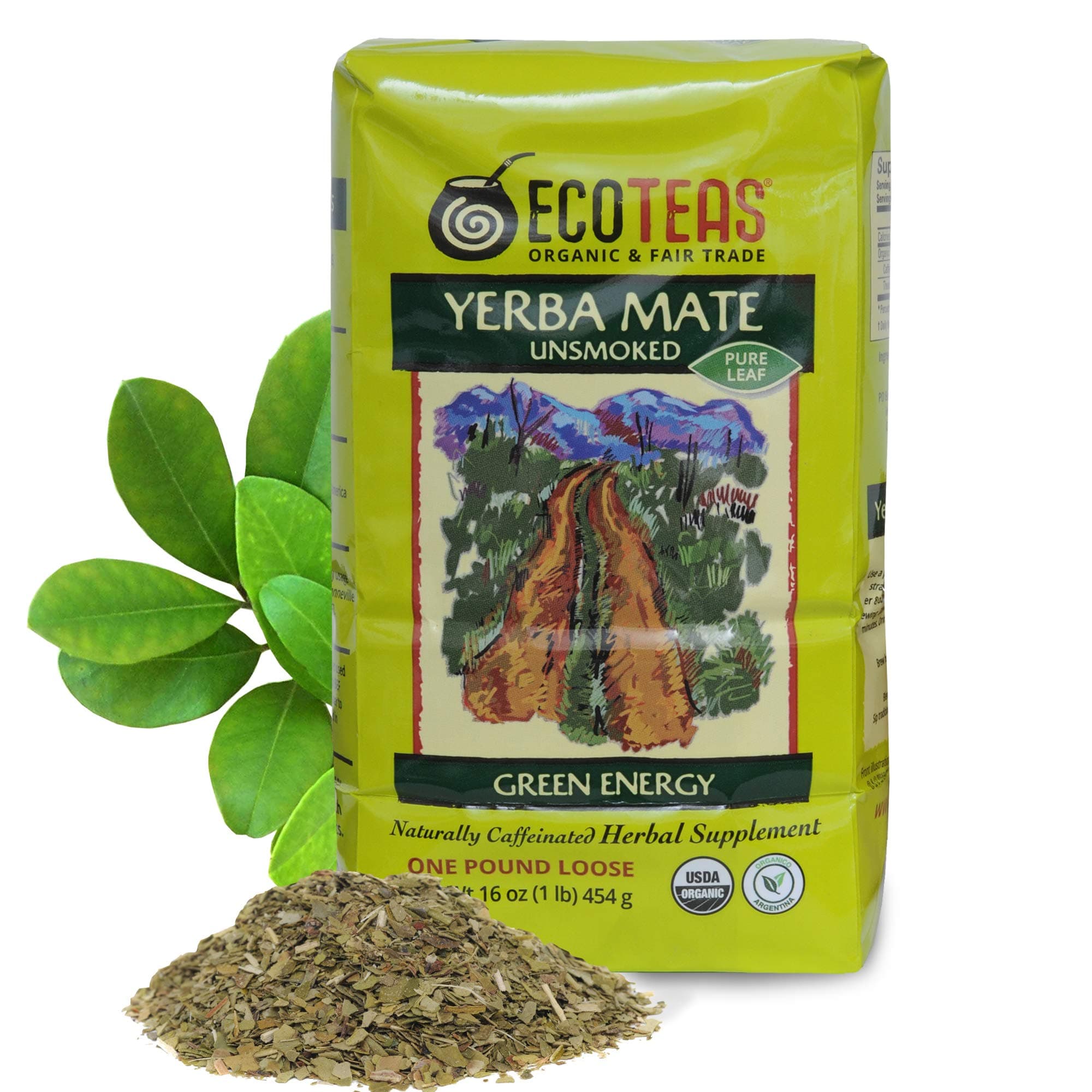 ECOTEAS Organic Unsmoked Yerba Mate Tea (Pure Loose Leaf) 1 pound