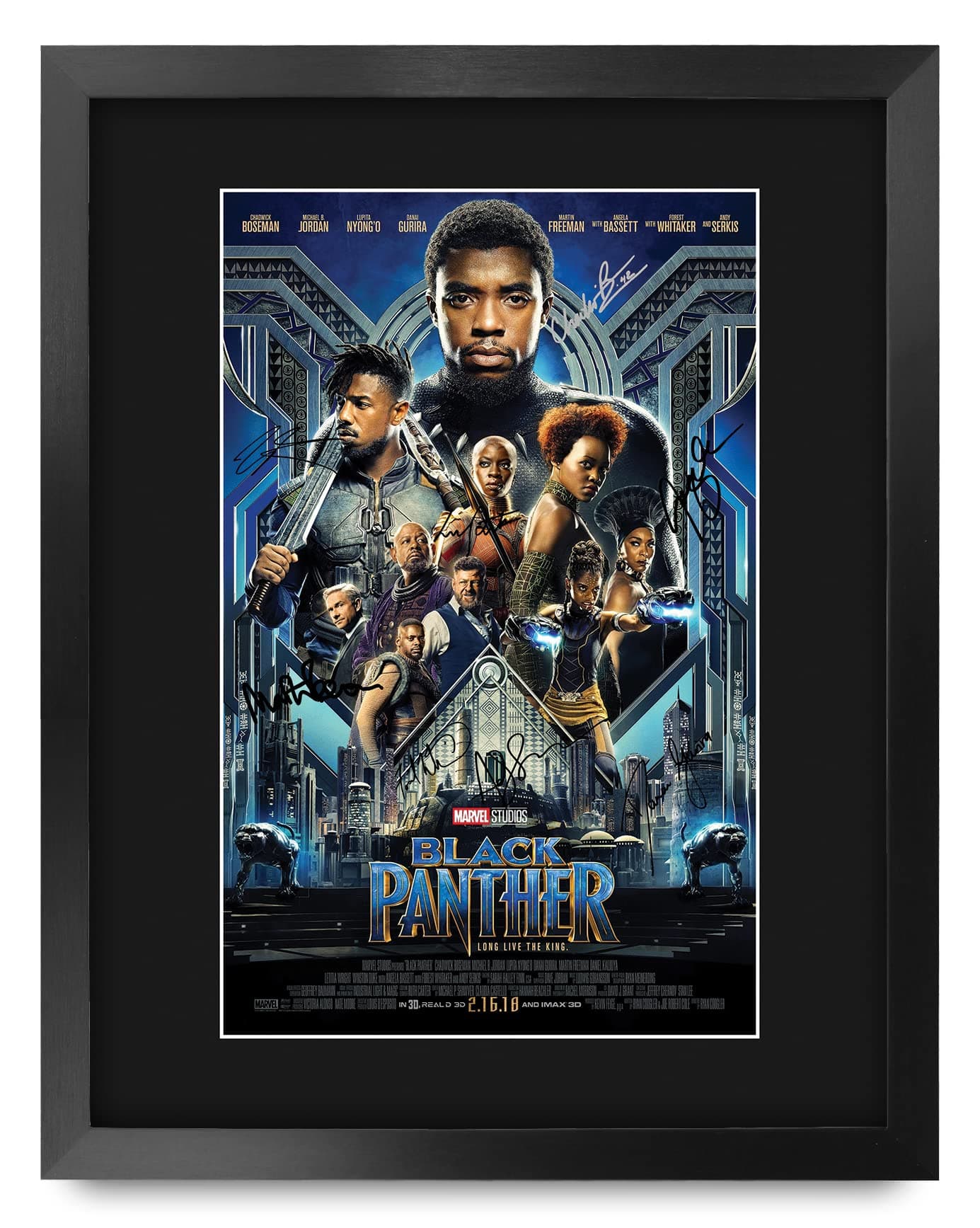 HWC Trading Framed 11" x 14" Print - Black Panther Chadwick Boseman and Cast Gifts Mounted Printed Poster Signed Autograph Picture for Movie Memorabilia Fans