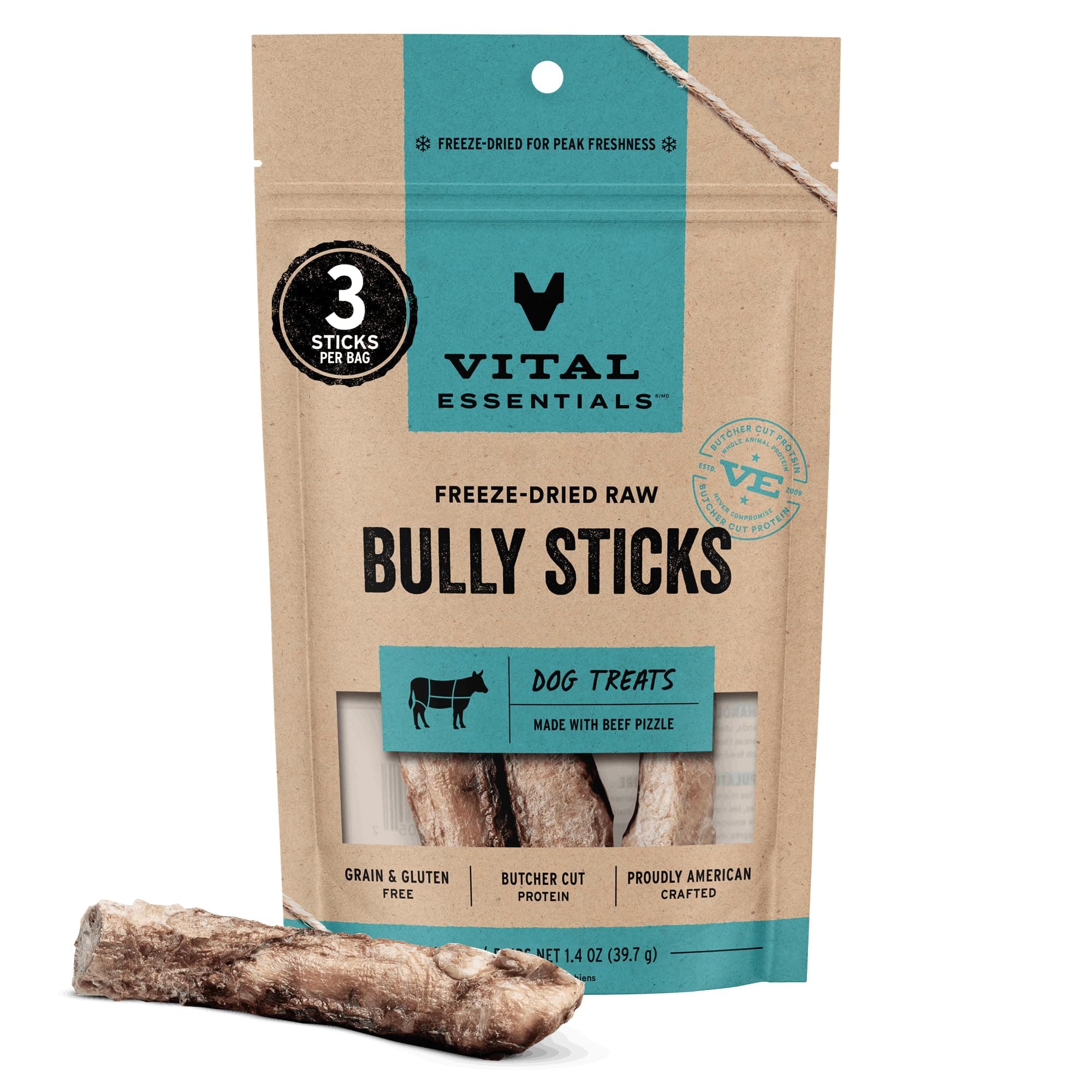 Vital Essentials Freeze Dried Bully Sticks Dog Treats | Premium Quality, Long Lasting | Grain Free Treats for Dogs, (3 Count) 1.4 oz Bag