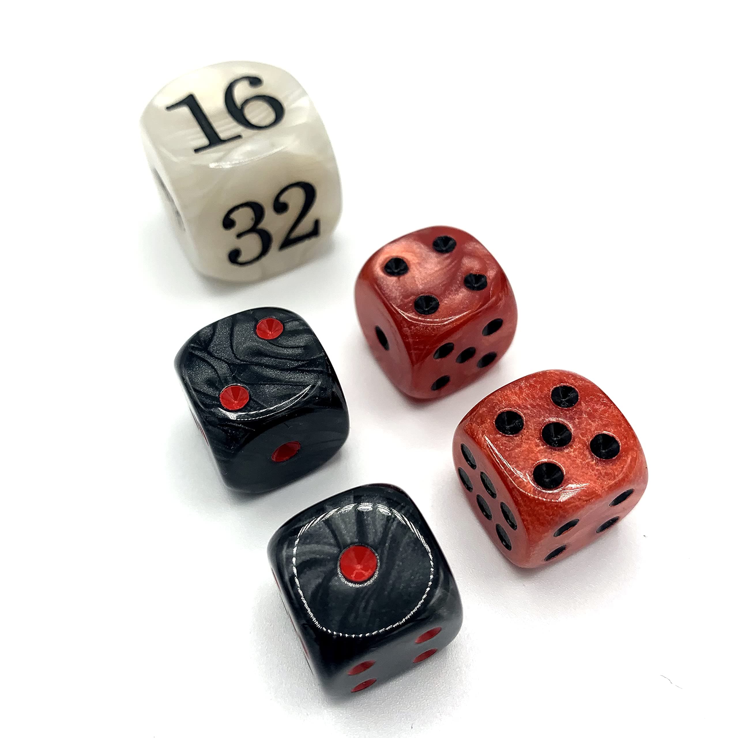 Luck Lab Backgammon Pearl Dice Set - 22 mm Doubling Cube Plus Four 16 mm Dice with Bonus Bag, Red/White Marbelized