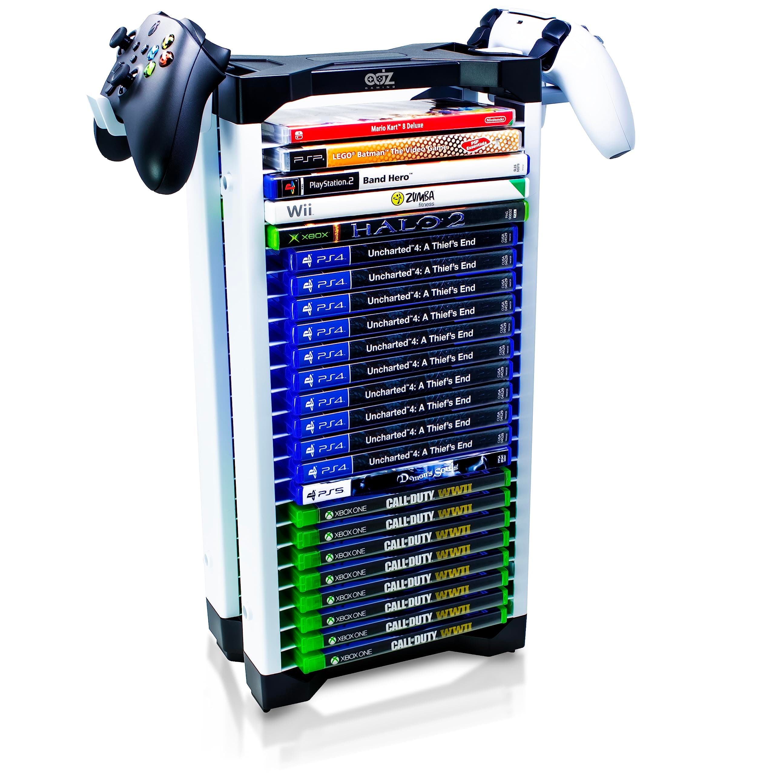 ADZ Universal Game Holder – 23 Game Storage Tower Rack for PS2 PS3 PS4 PS5 PSP Xbox 360 Xbox One Series X Wii Switch Games DVD and Blu-Ray Disks. Includes 2 Controller Mounts