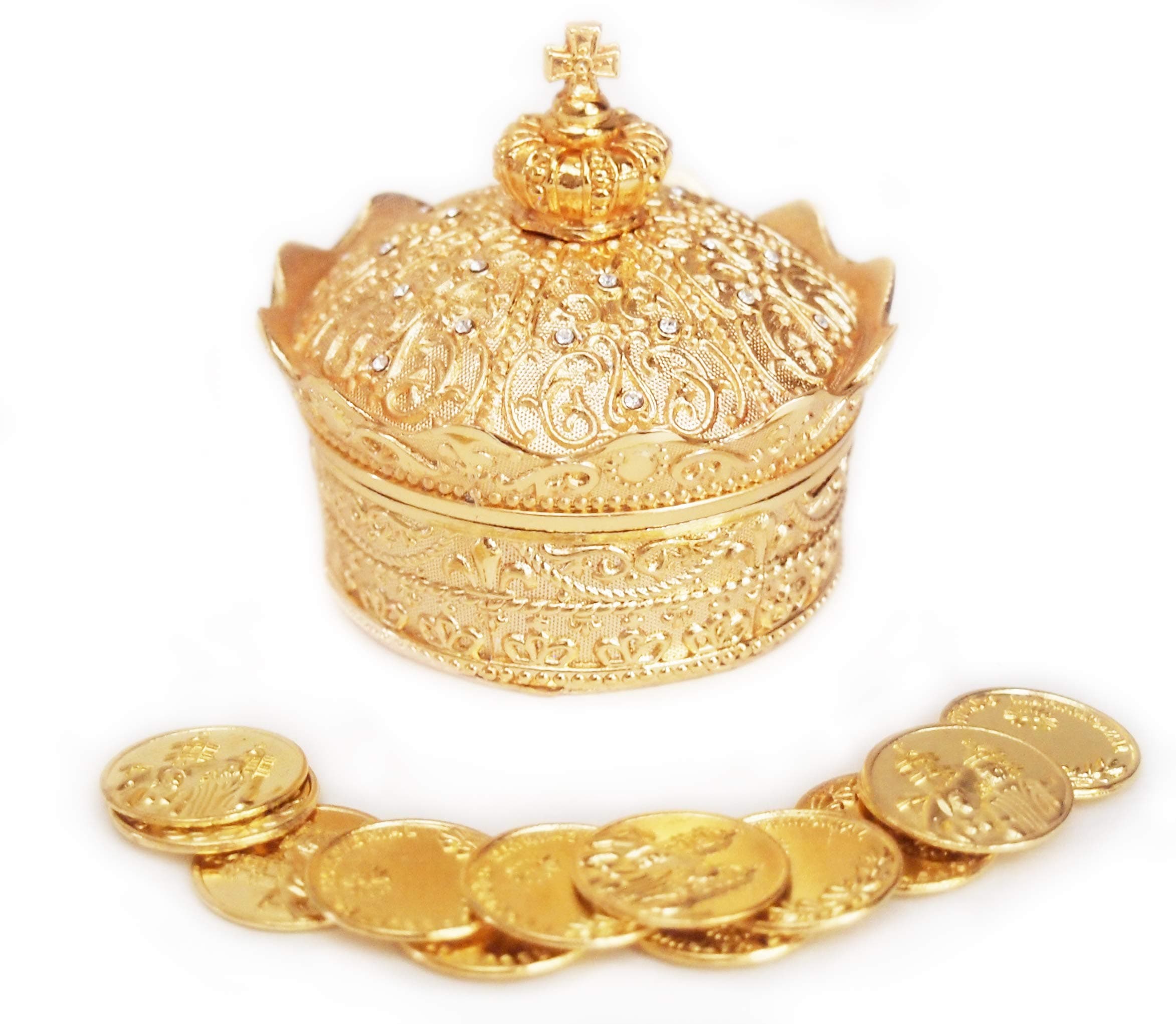 Elegant Gold Crown Wedding Arras with 13 Coins Set