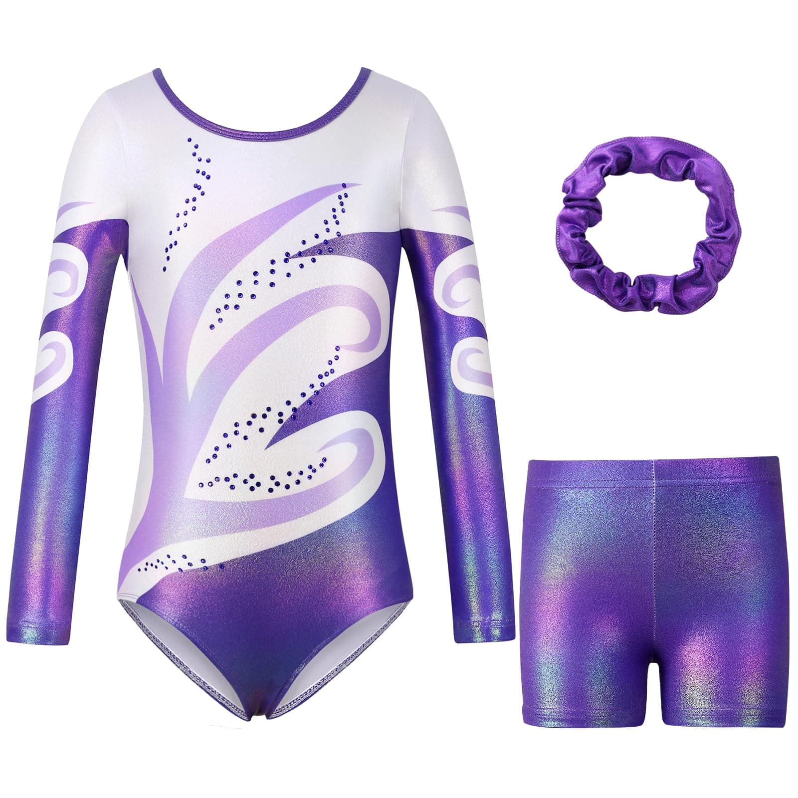 Girls Gymnastics Leotards Three-Piece Gymnastics Set Long Sleeve/Sleeve Leotards with Shorts and Hairband Sparkling Ballet Dancing Unitards Athletic Outfit 5 6 7 8 9 10 11 12 Years