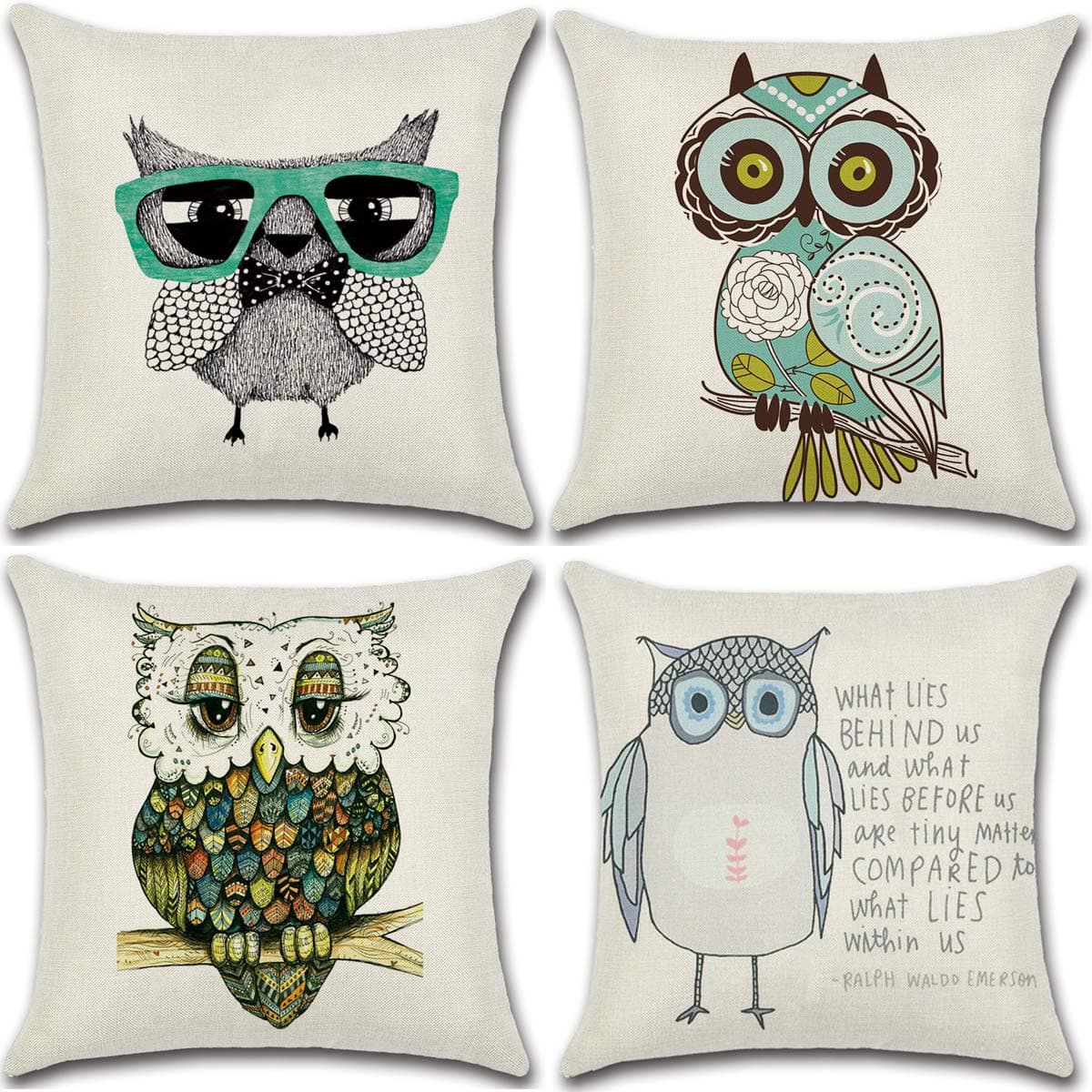 Throw Pillow Covers 18 x 18 Square Set of 4 Owl Series Couch Decorative Pillow Cases Cotton Linen for Car Sofa Bedroom and Home (Owl)