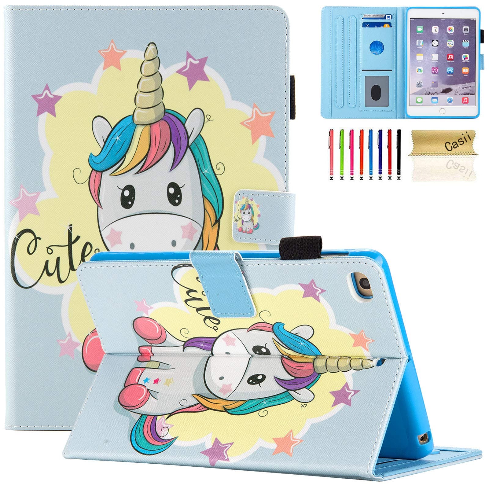 iPad Mini Case, Mini 2/3/4 Case, Casii Slim Protective Soft PU Leather Magnetic Flip Folio Stand Cover with Card Holders [Auto Sleep/Wake] for 7.9 Inch Apple iPad Mini 1 2 3 4 (Cute Unicorn)