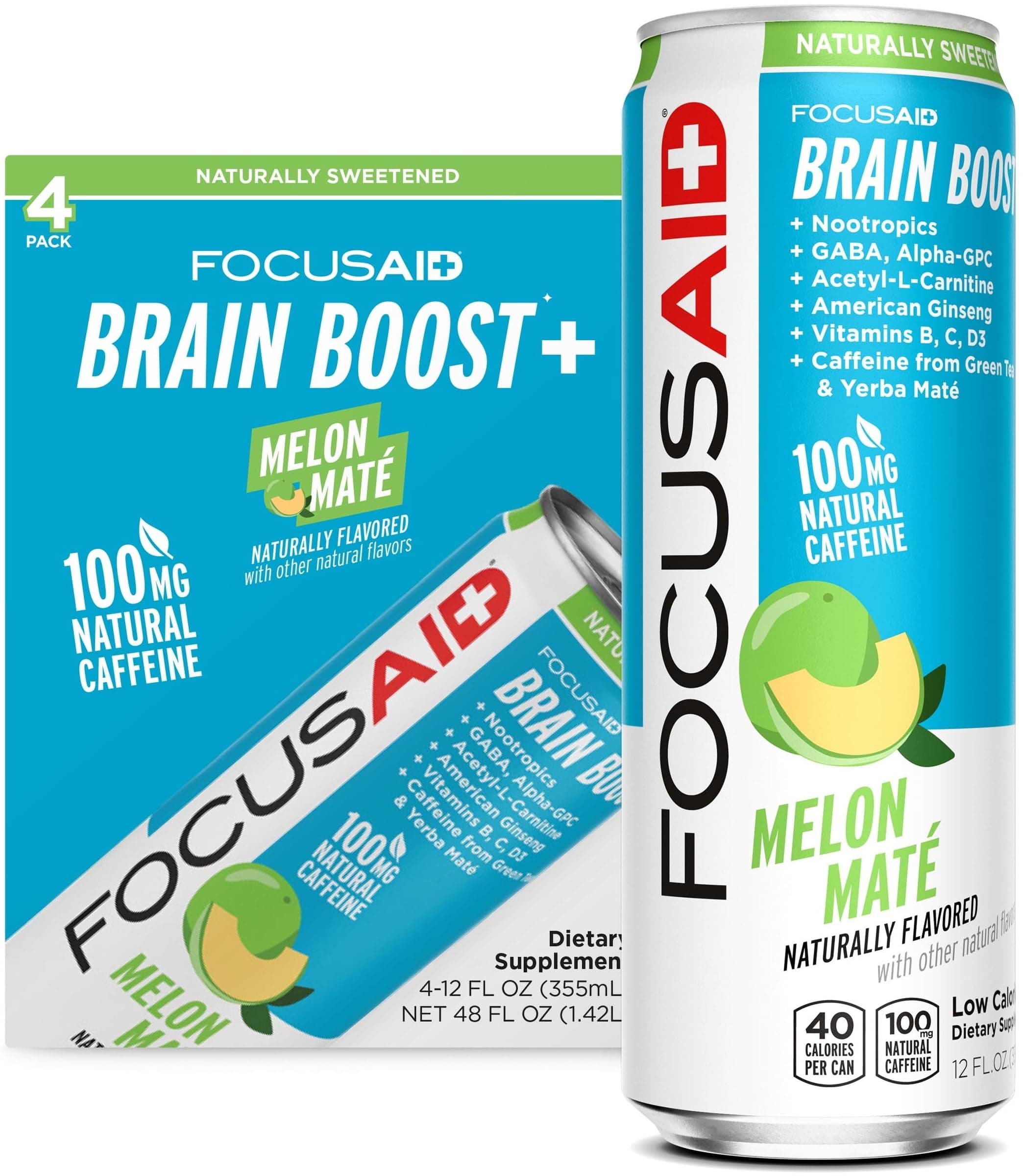 FOCUSAID Energy Blend, Nootropics Drink for Brain Fuel, Alpha-GPC, GABA, B-Complex, Yerba Mate, Green Tea, 100% Clean,100mg Natural Caffeine, 12-oz. cans (Pack of 4)
