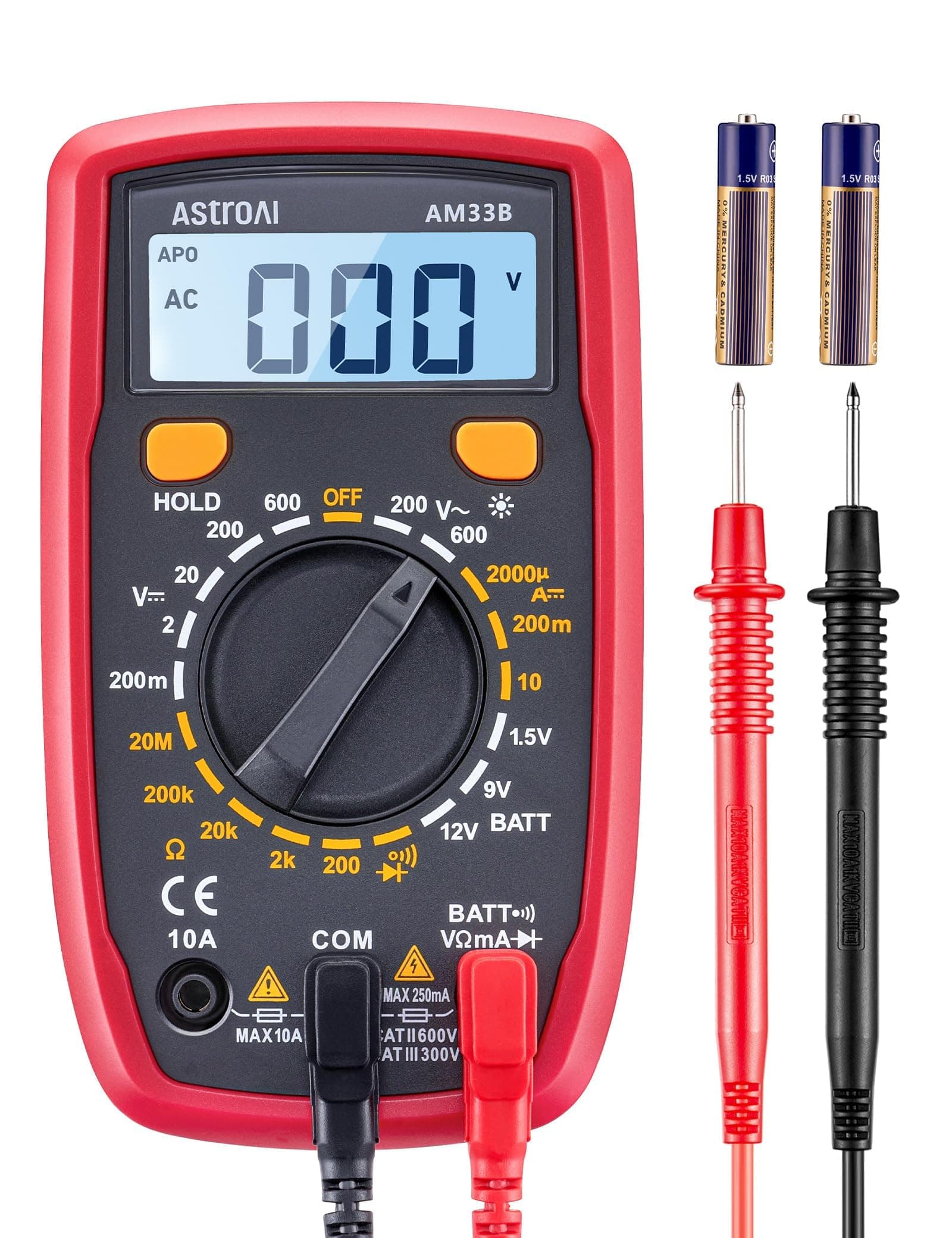 Digital Multimeter Tester 2000 Counts with DC AC Voltmeter and Ohm Volt Amp Meter; Measures Voltage, Current, Resistance, Continuity and Diode (AM33B)