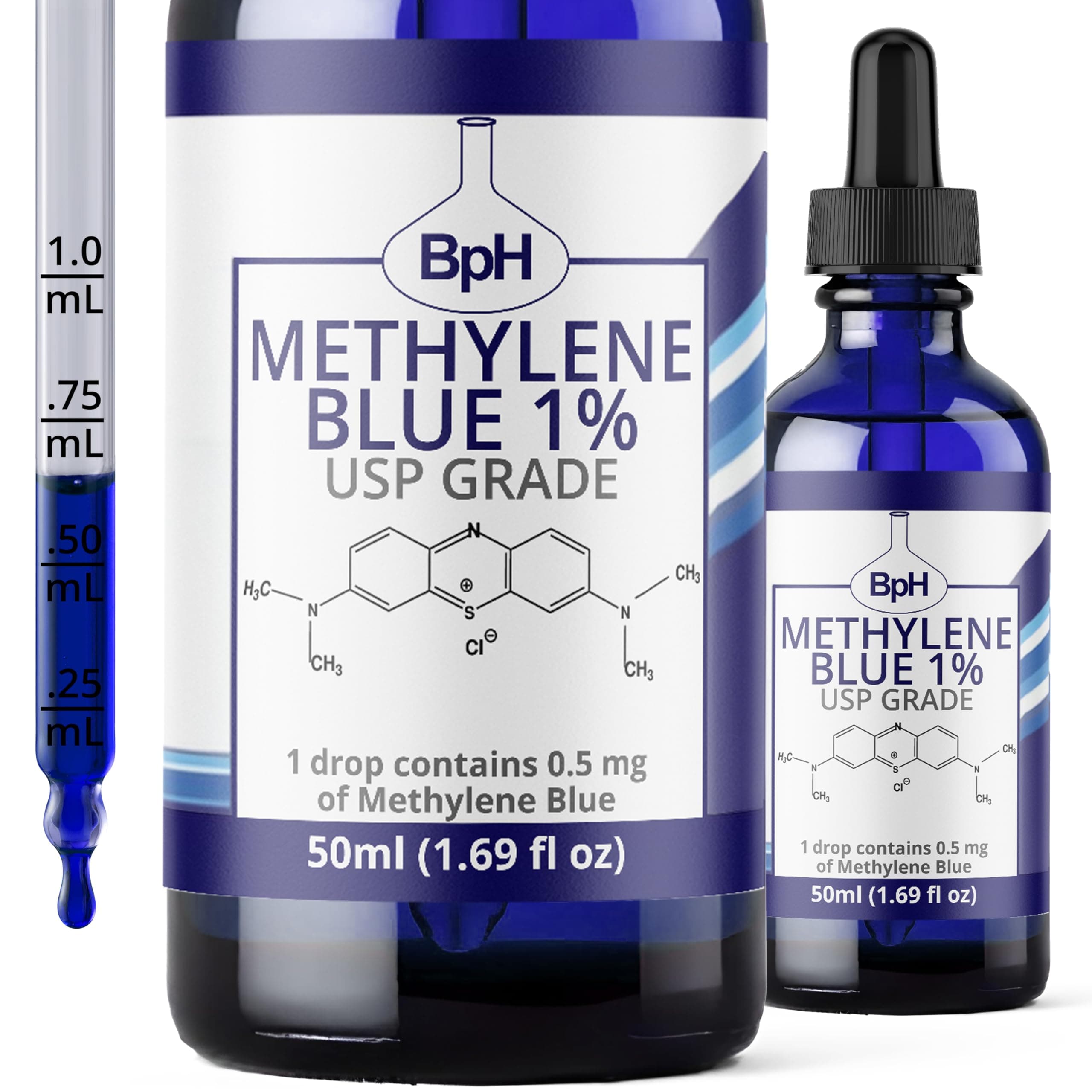 Methylene Blue, 1% USP (Pharmaceutical) Grade, 50 mL (1.69 fl oz) Glass; 3rd Party Tested