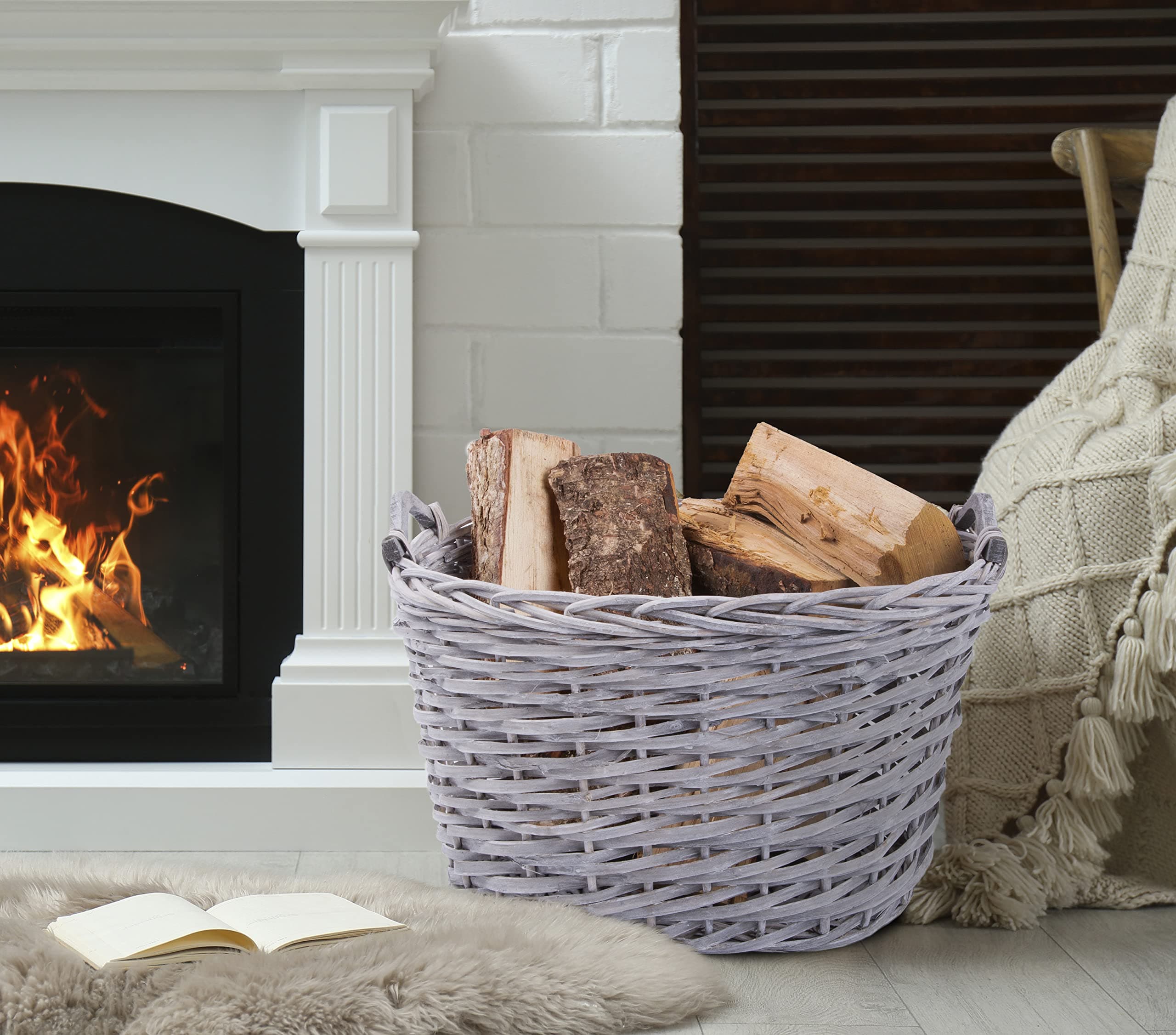 WICKERFIELD Natural Wicker Basket for Home Storage in Bedroom Living room for Fireside Blanket and Heavy Duty Log Hamper with Grey and Brown in Oval and Rectangular Size (Grey Oval)