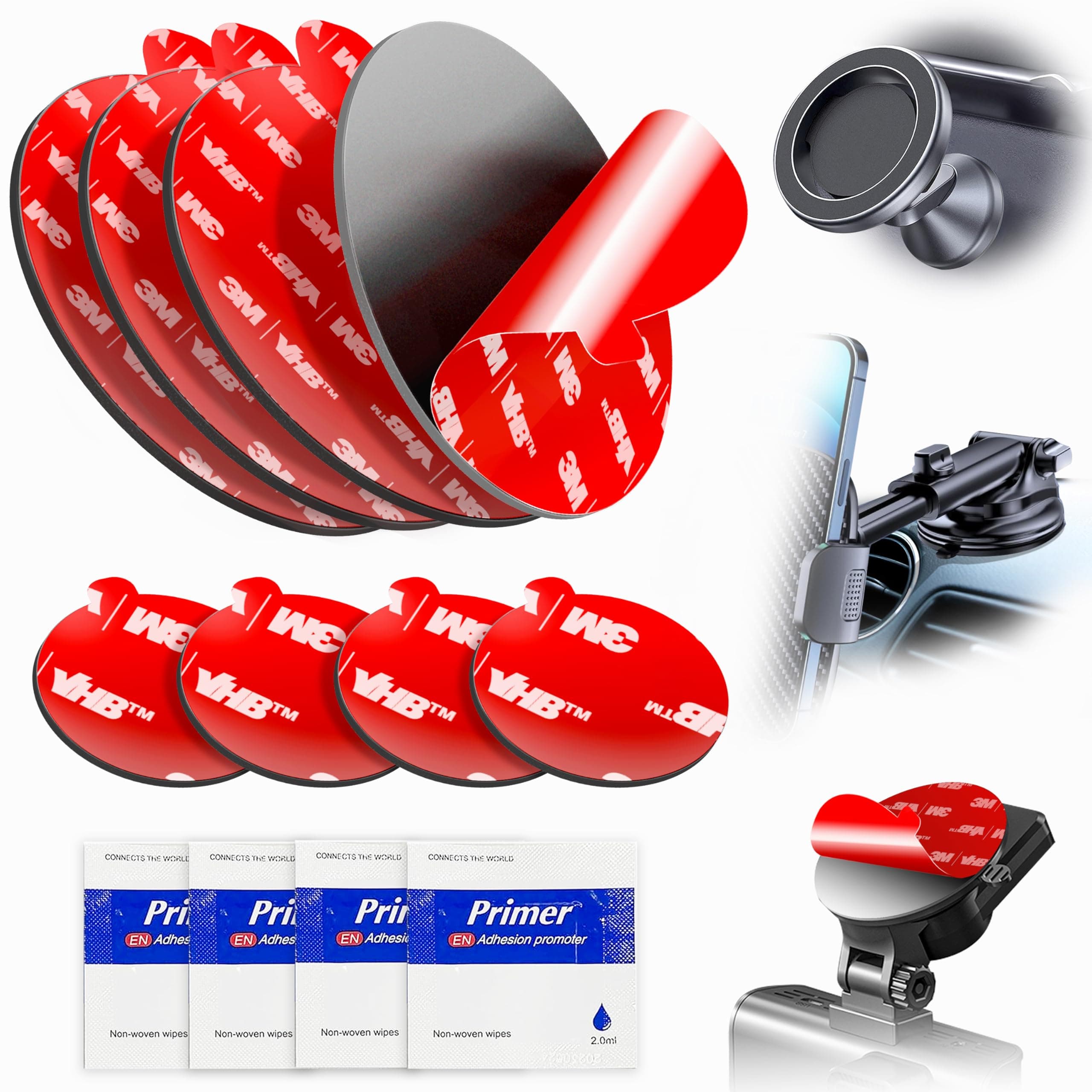 Adhesive Replacement Pads – 4-Pack Round Double-Sided VHB Pads, 3.15" & 0.91", for Dashboard Discs, Windshield Suction Cup Phone Holders, Magnetic Mounts & GPS – Includes Adhesion Promoter