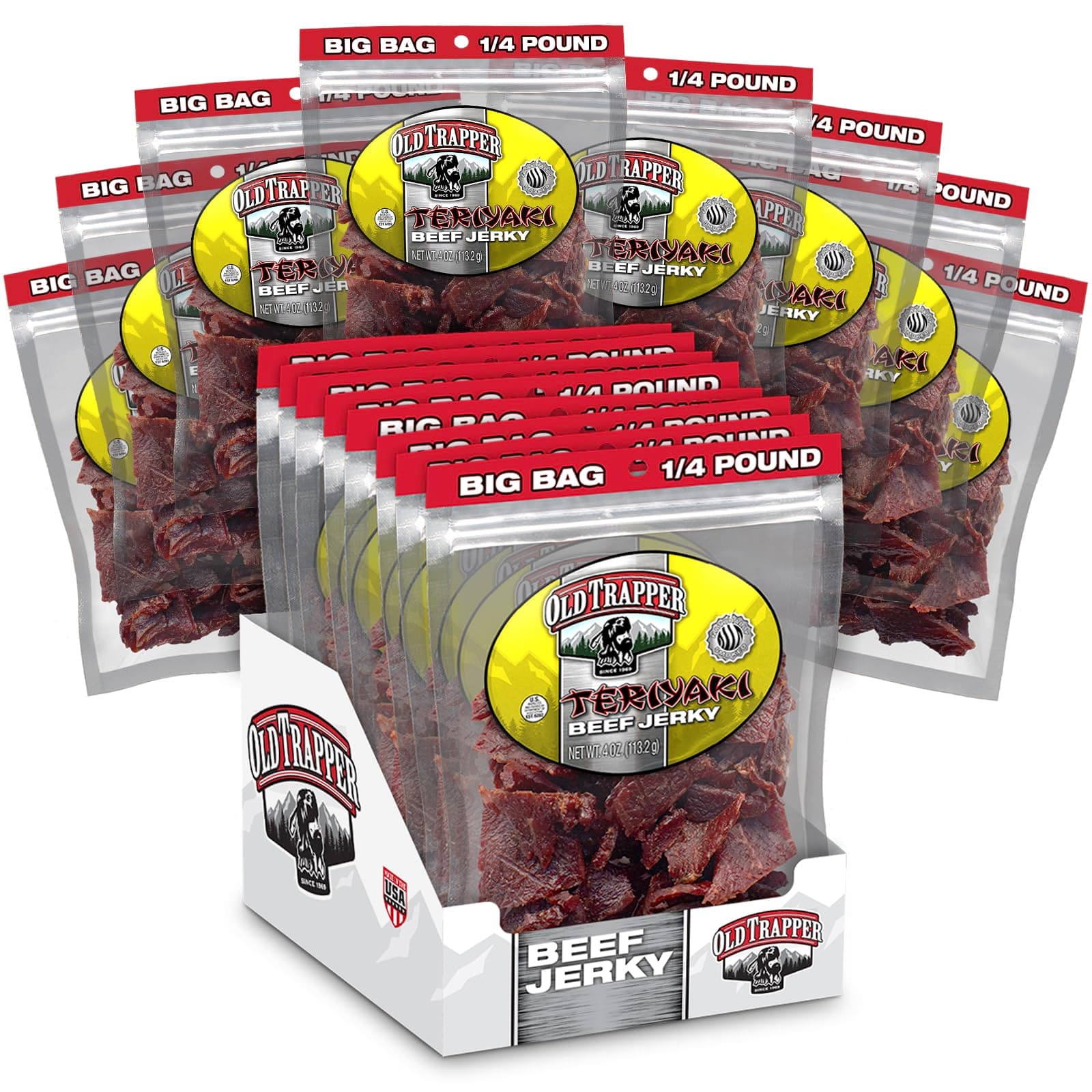 Beef Jerky, Teriyaki 1/4-Pound Individual Package, Savory and Sweet Meat Snack for Lunches or Between Meals, 11 Grams of Protein, Zero Grams of Fat, 70 Calories per Serving (Pack of 8)