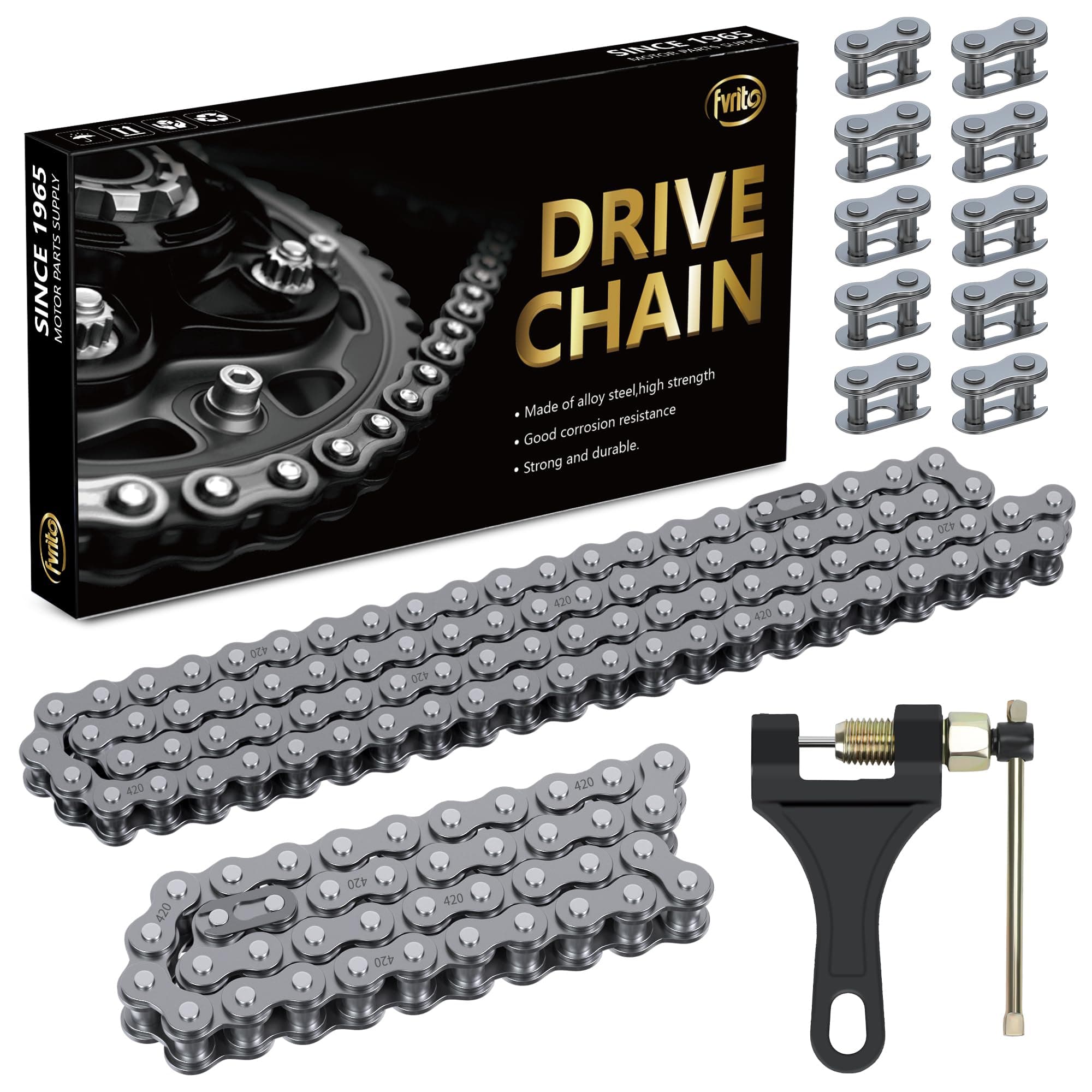 FVRITO 420 Chain Compatible with Mini Bike Coleman CT200U CT200U-EX BT200X B200R Baja Warrior MB200 Massimo Axis M200 Predator 212 196cc 6.5HP Minibike Parts with Front 42 & Rear 90 Link Drive Chain