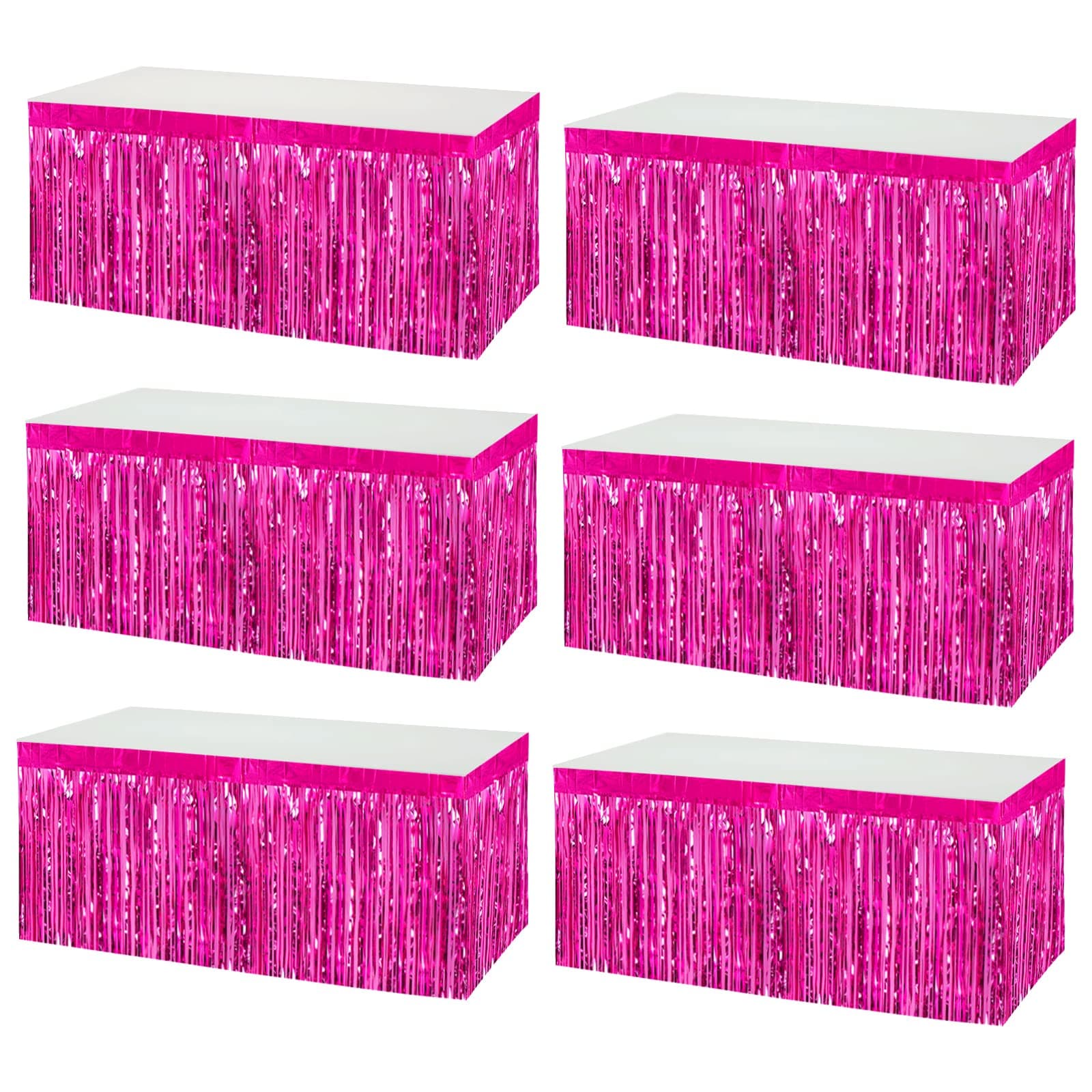 6 Pack 29x108 Inch Metallic Foil Fringe Tinsel Table Skirts Banner for Rectangle Tables Streamer Garland Curtains Backdrop for Wedding, Birthday, Parade Floats, Halloween Party Decoration(Fuchsia)