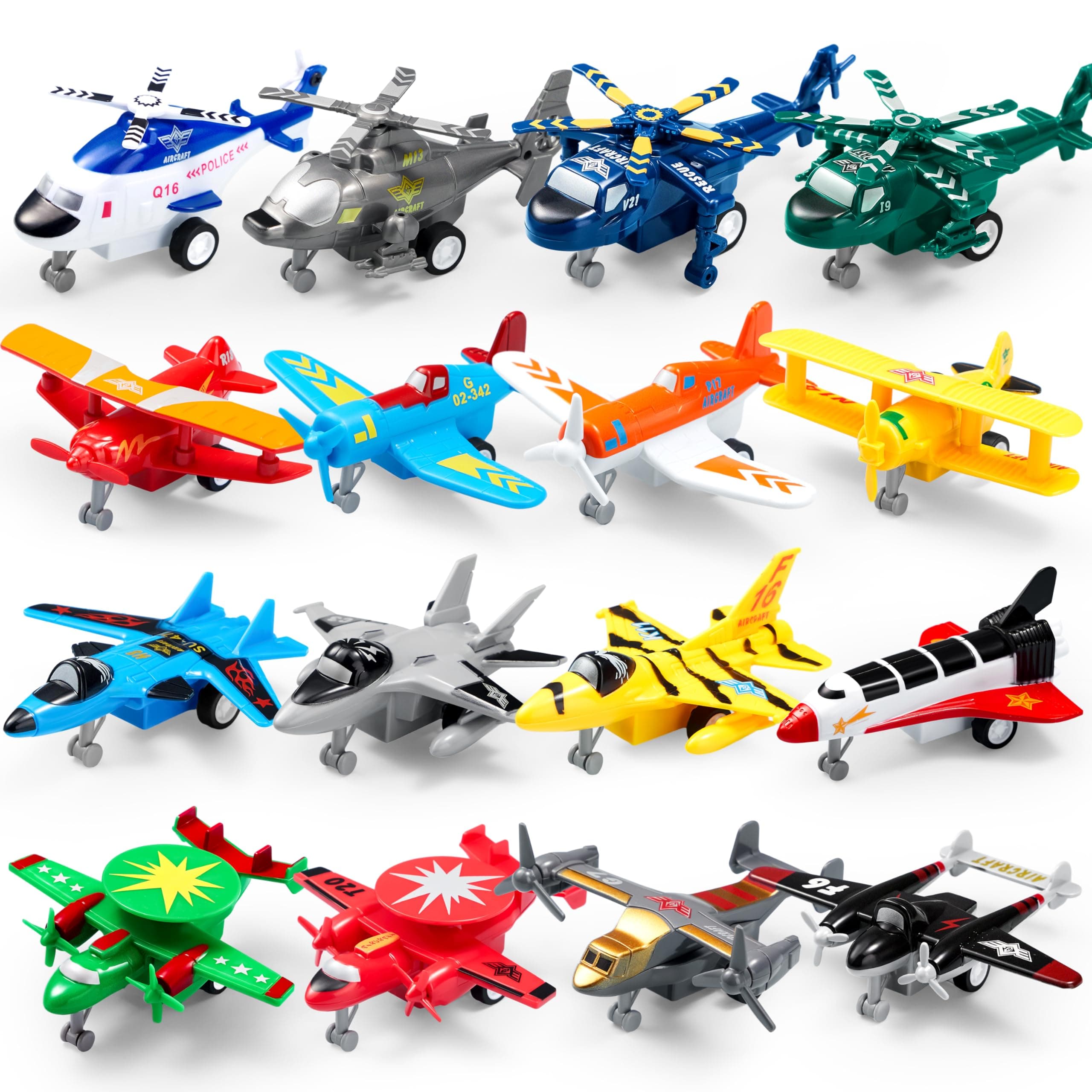 JOYIN 16 Pcs Pull Back Airplane Toys, Boys Plane Playset, Aircraft Incl Helicopter, Fighter, Bomber, Biplane Model, Gifts for Toddler Kids 3+ Years Old, Kids Presents, Treasure Box Toys for Classroom