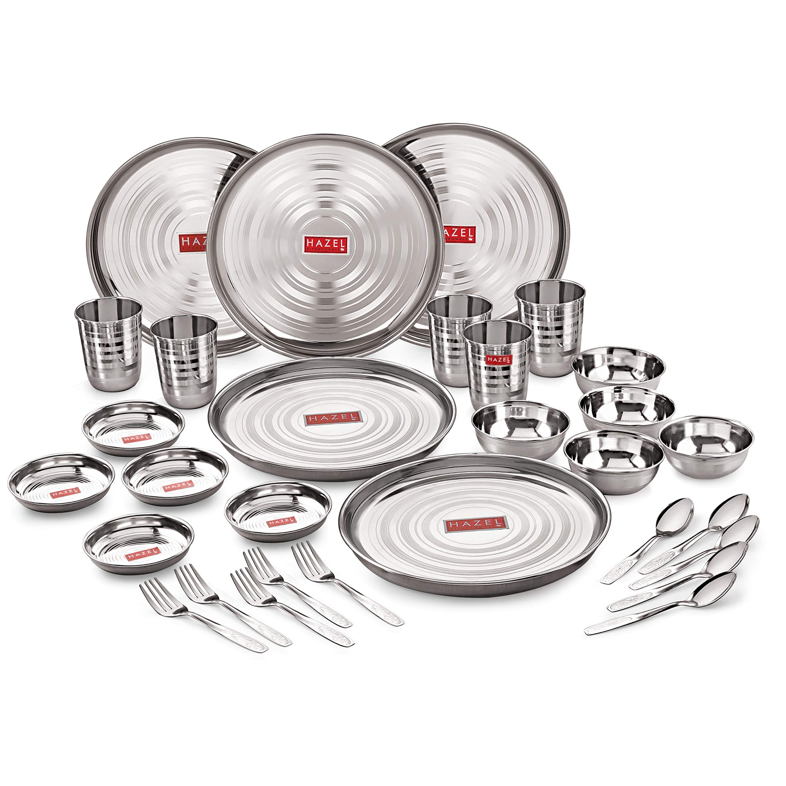 HAZEL Stainless Steel Dinner Set 30 Pieces | Steel Plates Bowls Glasses Set | Kitchen Set for Home