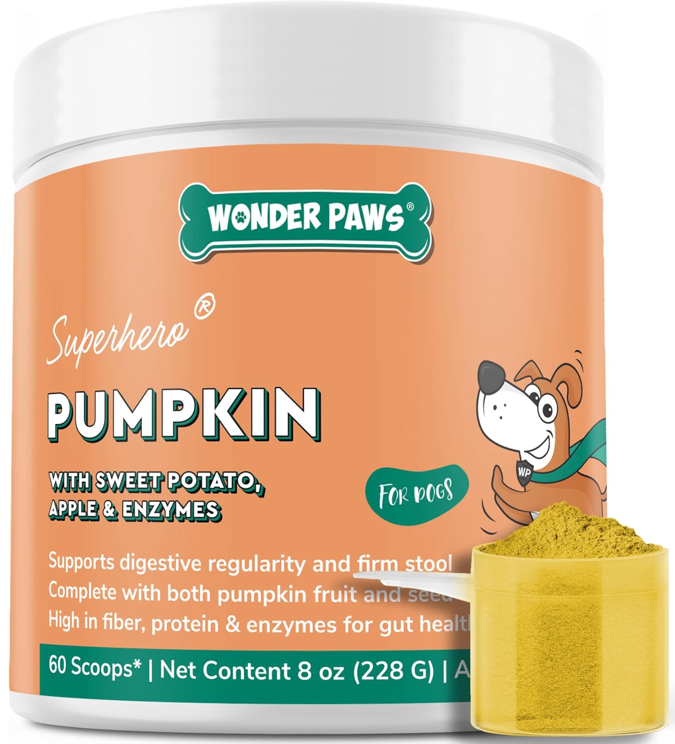 WONDER PAWS Organic Pumpkin for Dogs – with Apple, Sweet Potato & Enzymes – Supports Digestion, Stool & Gut Health – Use as Fiber Topper or Mix with Water for Pumpkin Puree