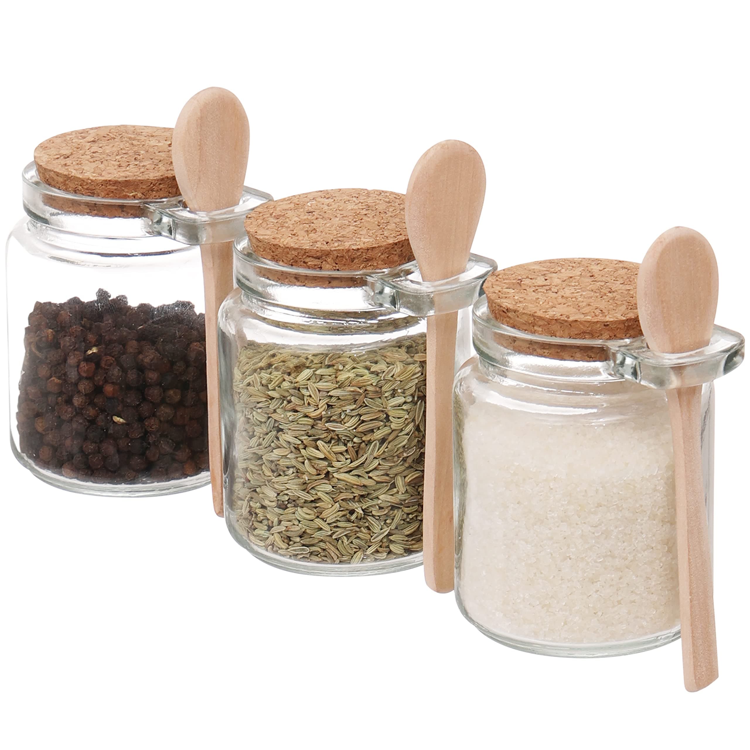 ABOUT SPACE Airtight Container Glass-3 Pack Seasonal Spice Container Jars with Lid & Wooden Spoon Canister Kitchen Condiment Food Storage Jar for Storing Salt Pepper Chilly Flakes (Transparent -200ml)