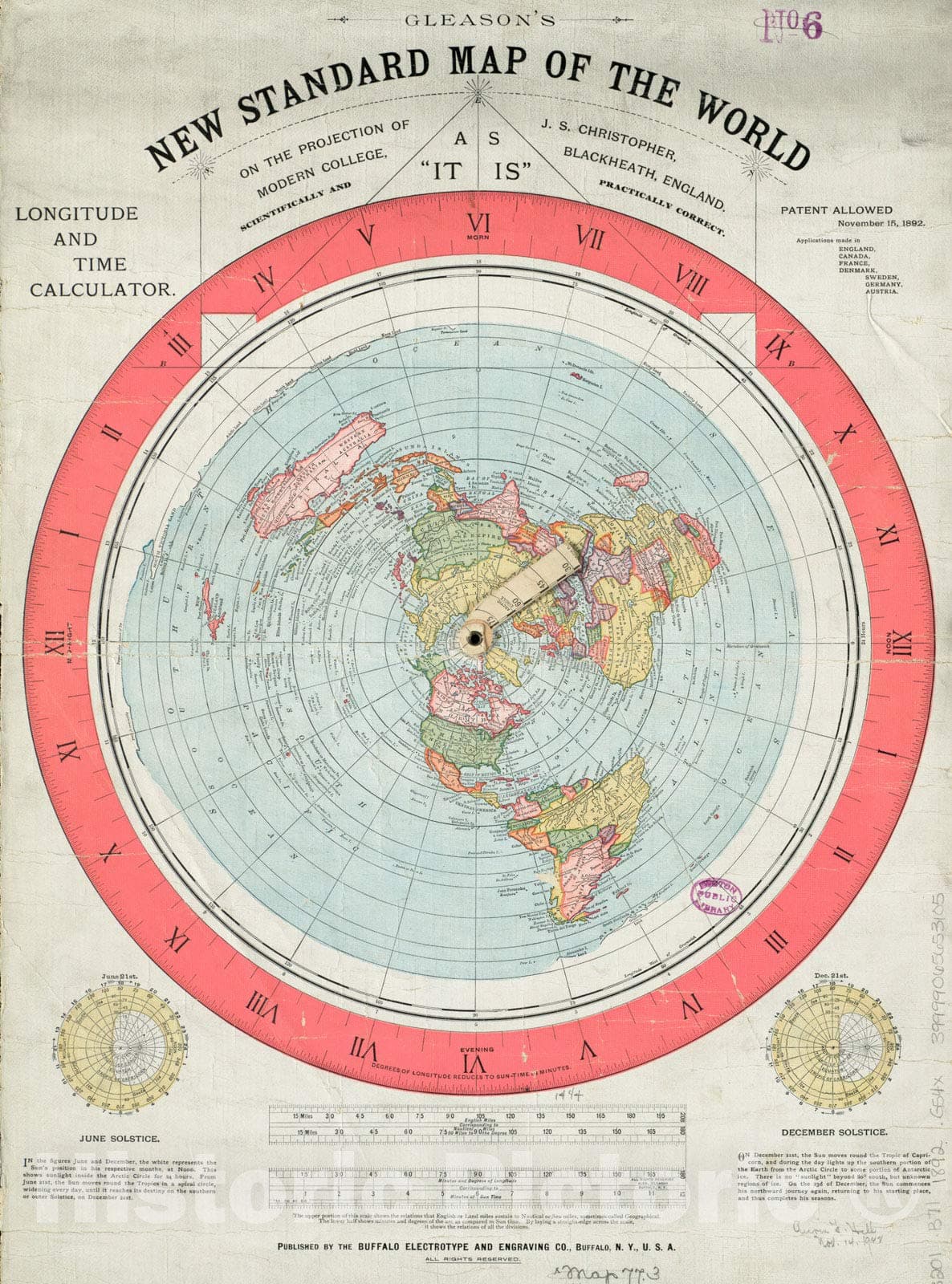 Historical Map, 1892 Gleason's New Standard map of The World : on The Projection of J. S. Christopher, Modern College, Blackheath, England, Vintage Wall Art : 24in x 36in