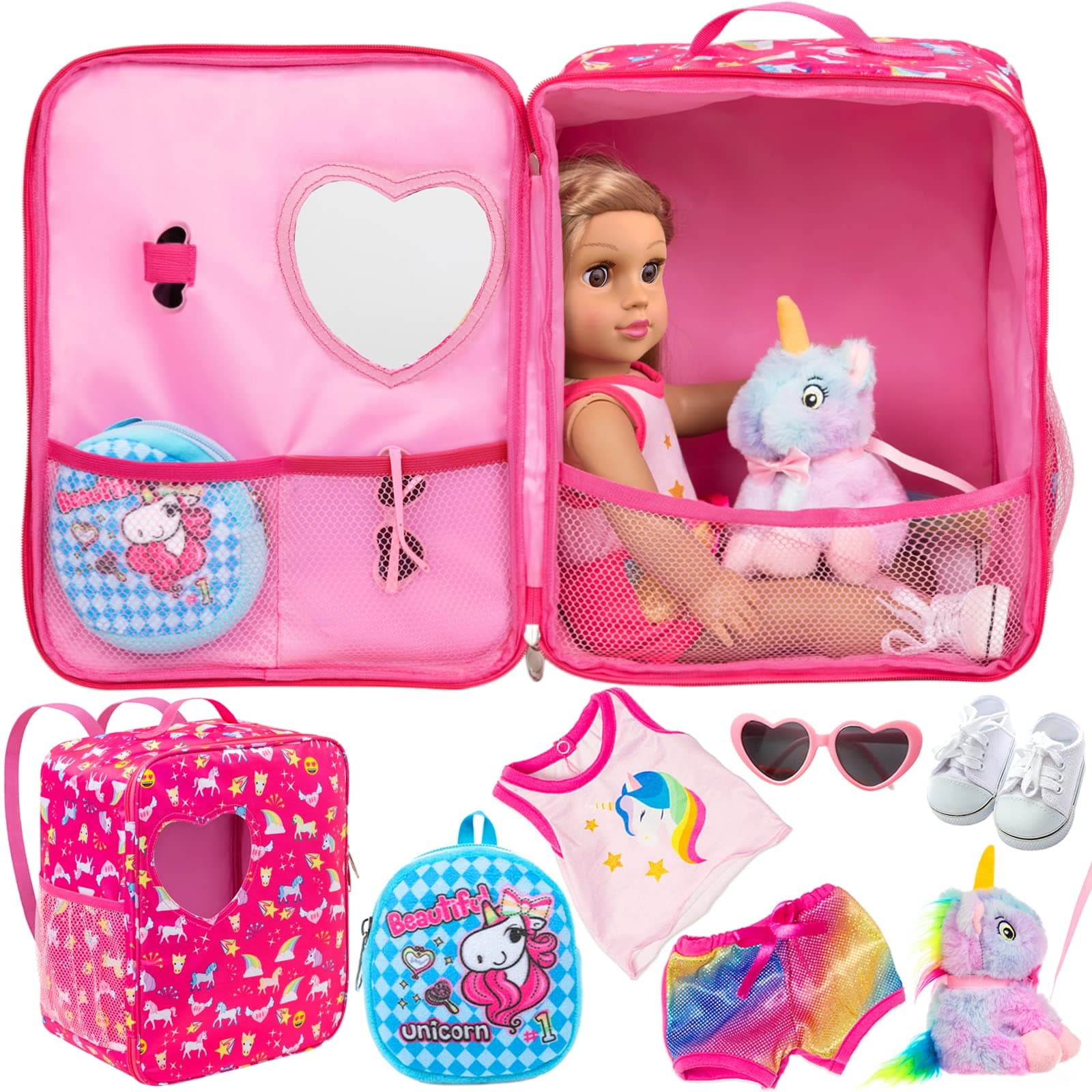 K.T.Fancy 7 PCS 18 inch Dolls Bag Carrier Set and Accessories Including Clothes, Shoes, Sunglasses, Doll Backpack and Toy Unicorn (NO Doll)