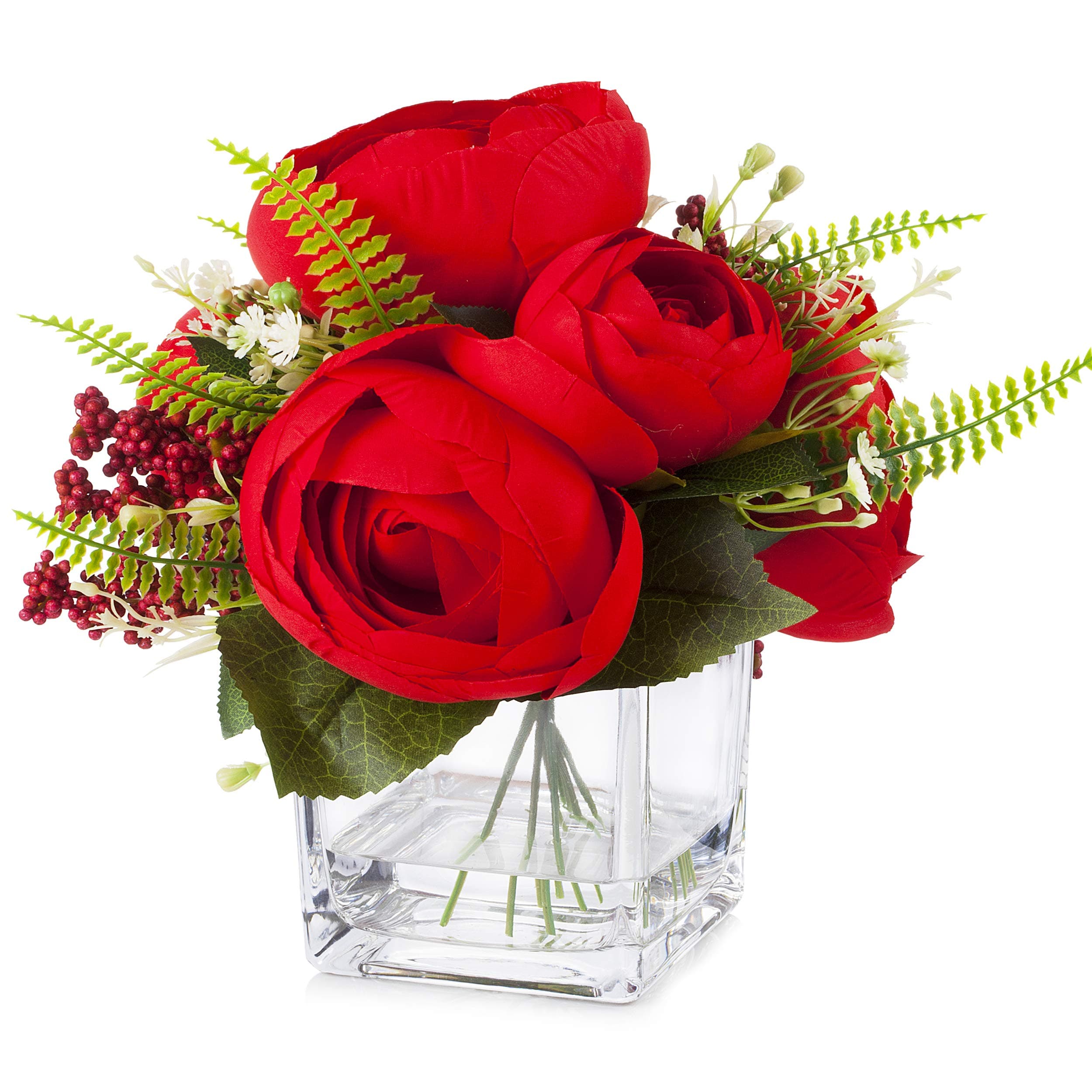 Enova Home Mixed Artificial Silk Peony Flowers Arrangement in Cube Glass Vase for Home Wedding Decoration (Red)