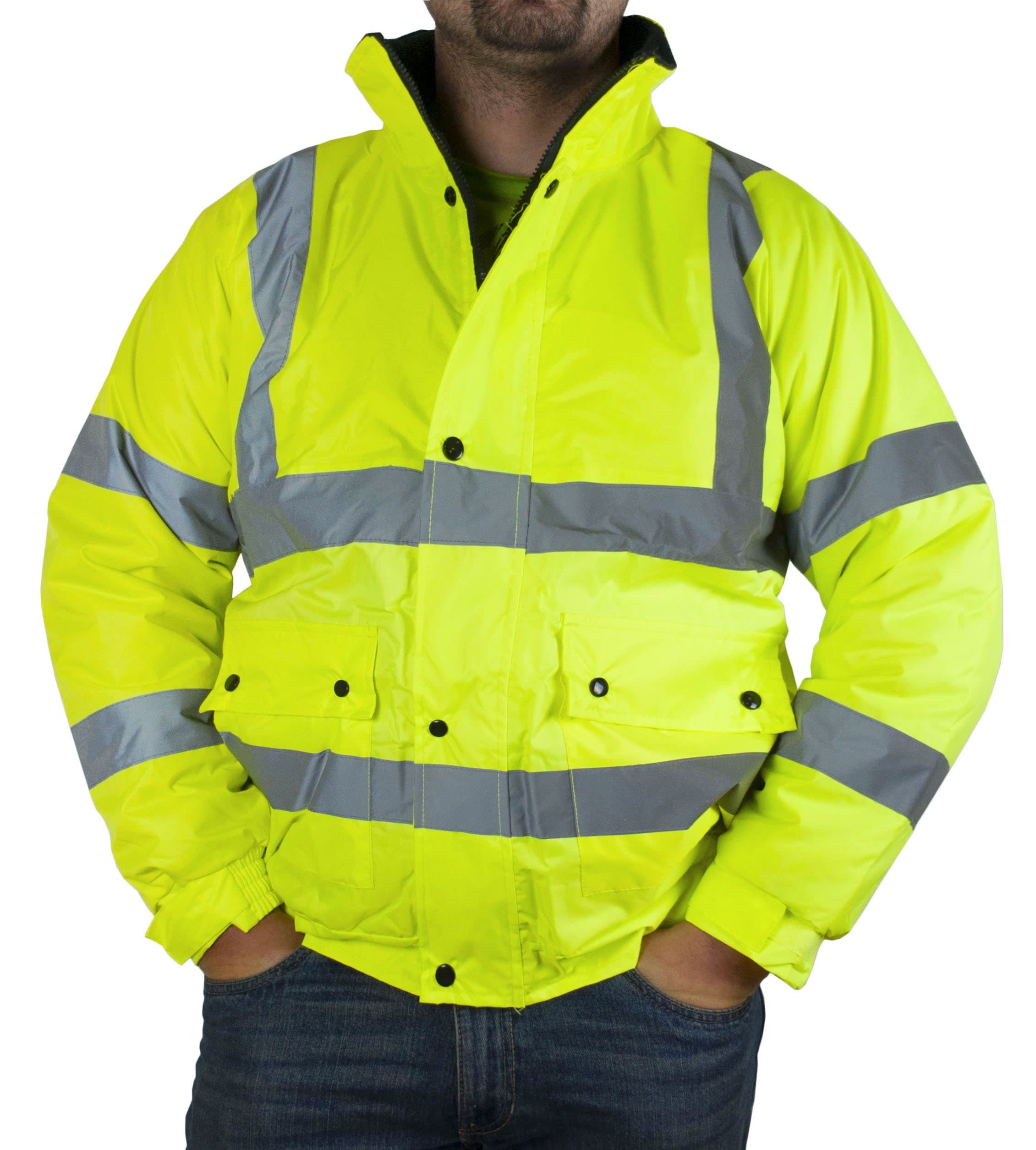 PST Products Hi Vis Bomber Jacket, Ultra High Visibility - CLASS 3, Hi Viz Work Safety Jackets, HQ Fleeced Collar Lining (X-Large, 1 - Yellow)