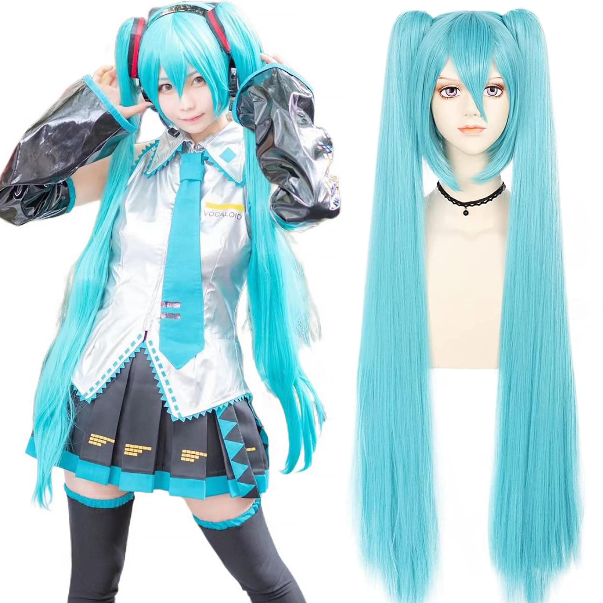 Blue wigs with Bangs 47in/120cm Long Straight Hair with Double Ponytail for Women,BI cute Bunnies,Virtual Singers cosplay wig Halloween,Christmas,Carnival,Comic con,Easter,Party