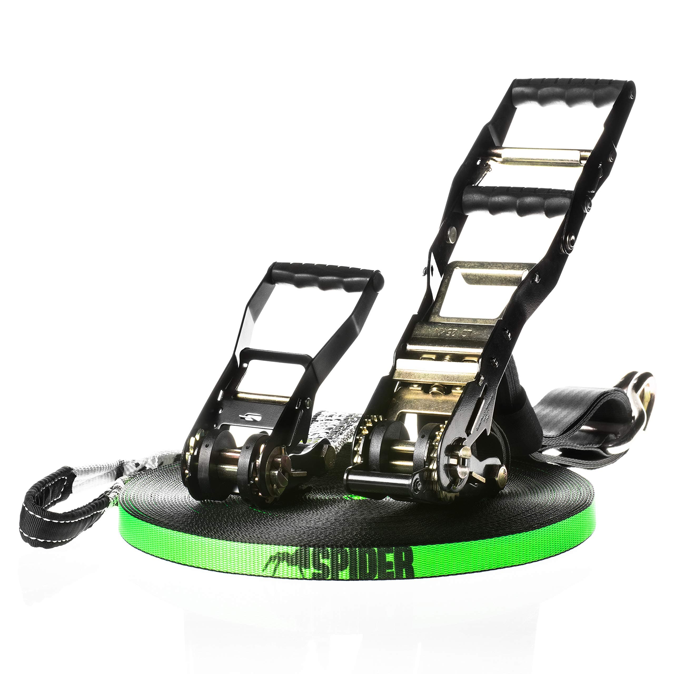 SPIDER SLACKLINELKS03 - Longline Slackline Set - Fly line 50-1x Mandingo Ratchet Slow Release XL, 1x Ratchet Small, Shackle 1,5T, Tree protection XL, Slingbag - Lenght 50m