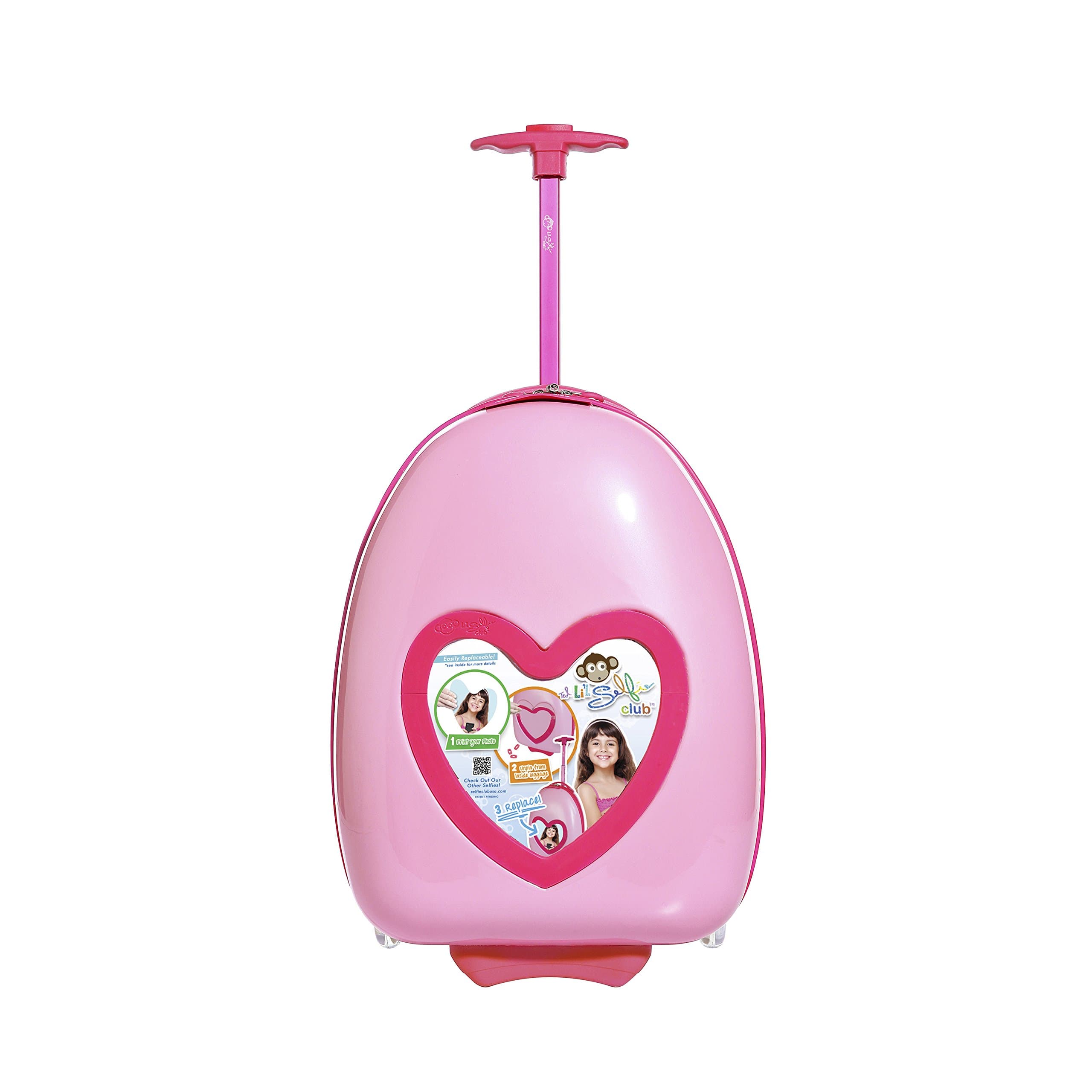 Selfie Club Kids Luggage with DIY Replaceable Photo Feature, Pink Heart, Carry-On 16-Inch