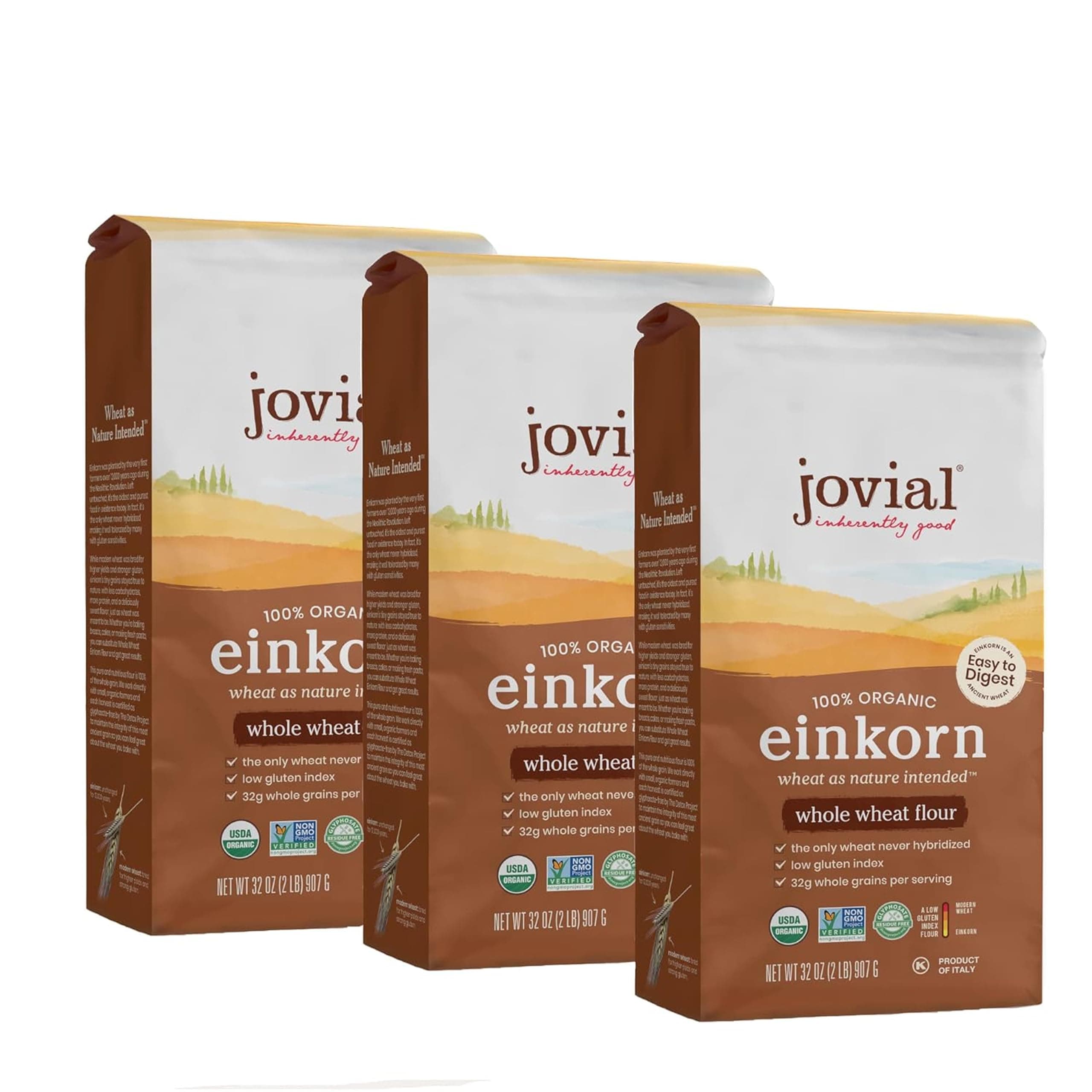 Jovial Organic Einkorn Whole Wheat Flour - Bread Baking Flour for Sourdough, High Protein, Non-GMO, Organic Pizza & Pasta Flour, European Italian Flour, Glyphosate Free - 2 Lb, 3 Pack