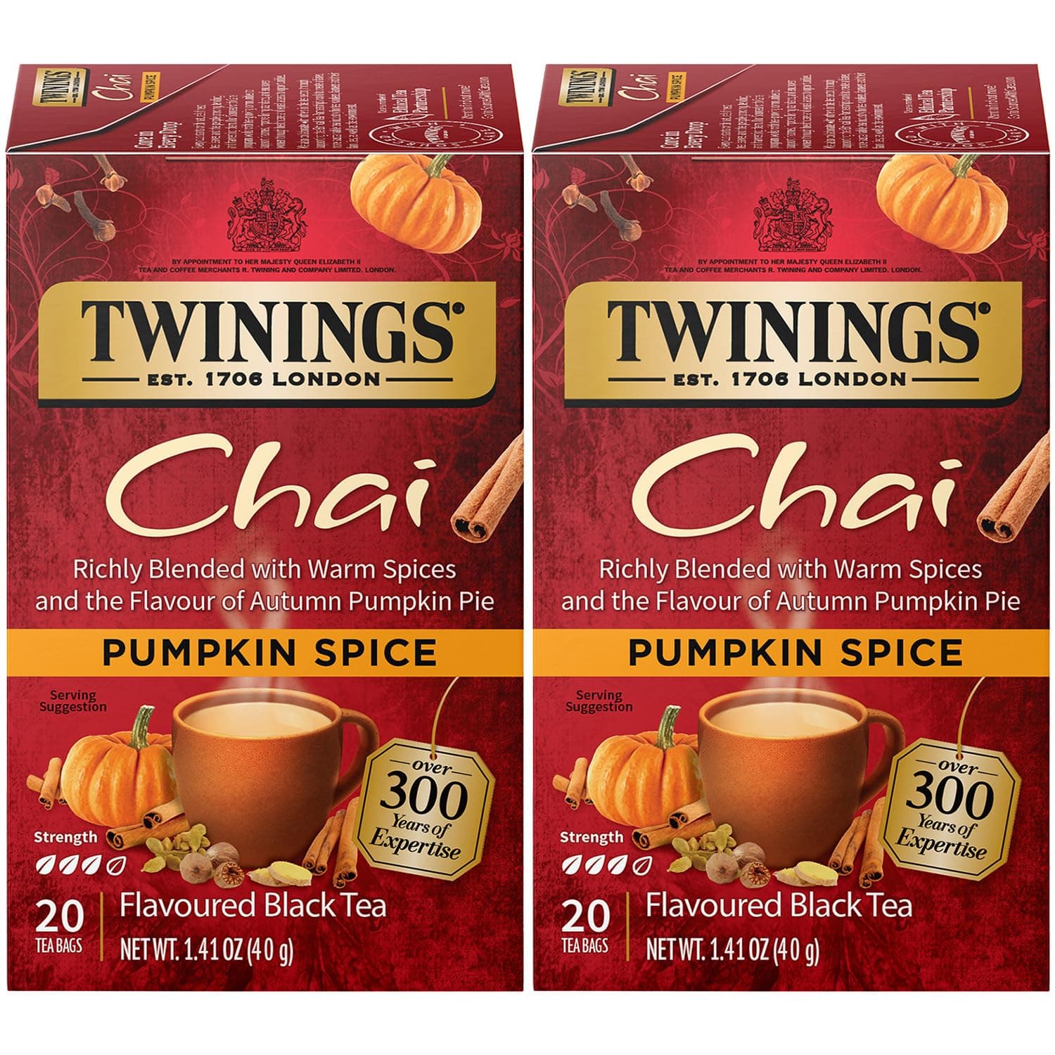 Pumpkin Spice Chai Tea, Caffeinated Black Tea Naturally Flavored with Aromatic Spices and Ginger, Tea Bags Individually Wrapped, 20 Count Ea (Pack of 2)