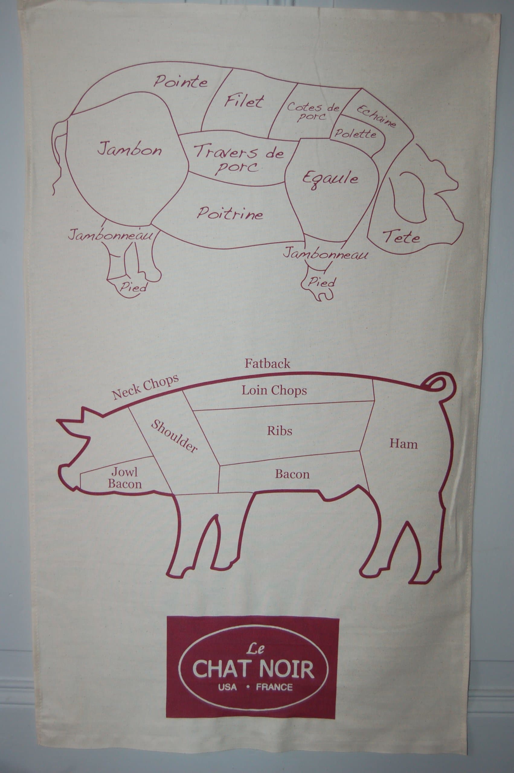 Pack 3 Kitchen Tea Towels- BUTCHERS CUTS, French and English Design - Premium Quality, made in UK