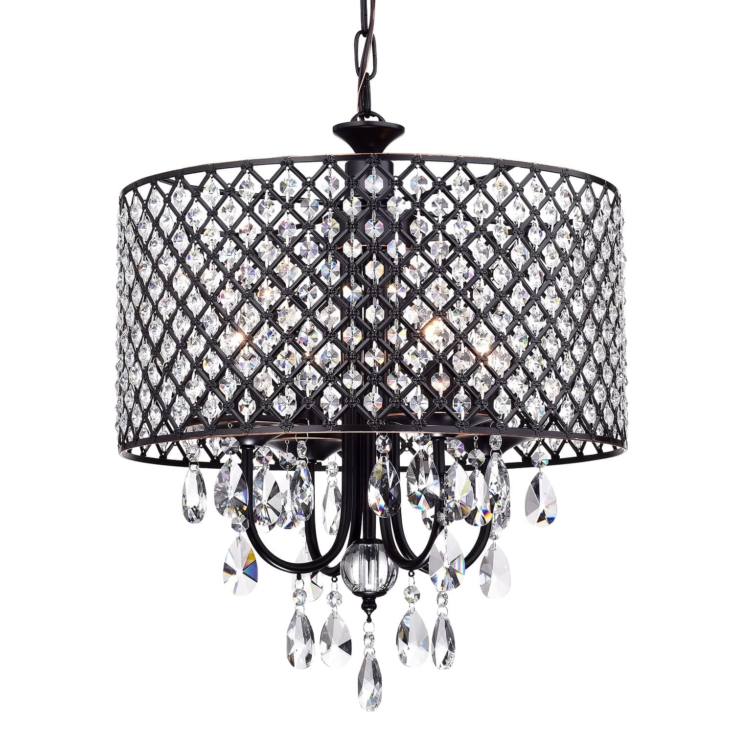 Marya Drum Crystal Chandelier, 4 Lights Glam Lighting Fixture with Oil Rubbed Bronze Finish, Adjustable Ceiling Light with Round Crystal Drum Shade, Dining Room Light for Living Room, Bedroom