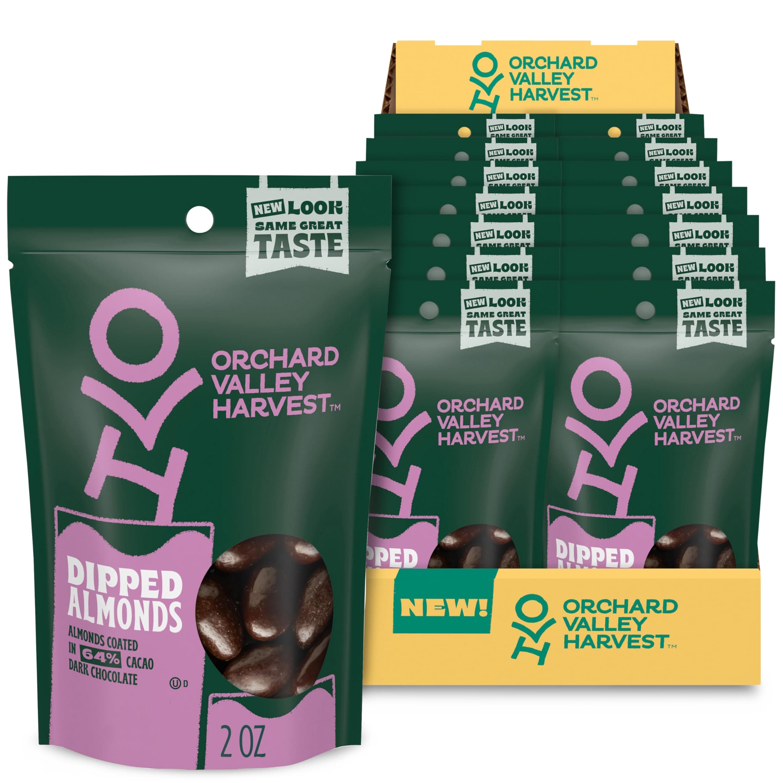 Orchard Valley Harvest Dark Chocolate Dipped Almonds, Gluten Free, Non-GMO, Stand Up Bag, No Artificial Colors, Flavors or Preservatives, 2 oz (Pack of 14) On-The-Go Snack For The Whole Family