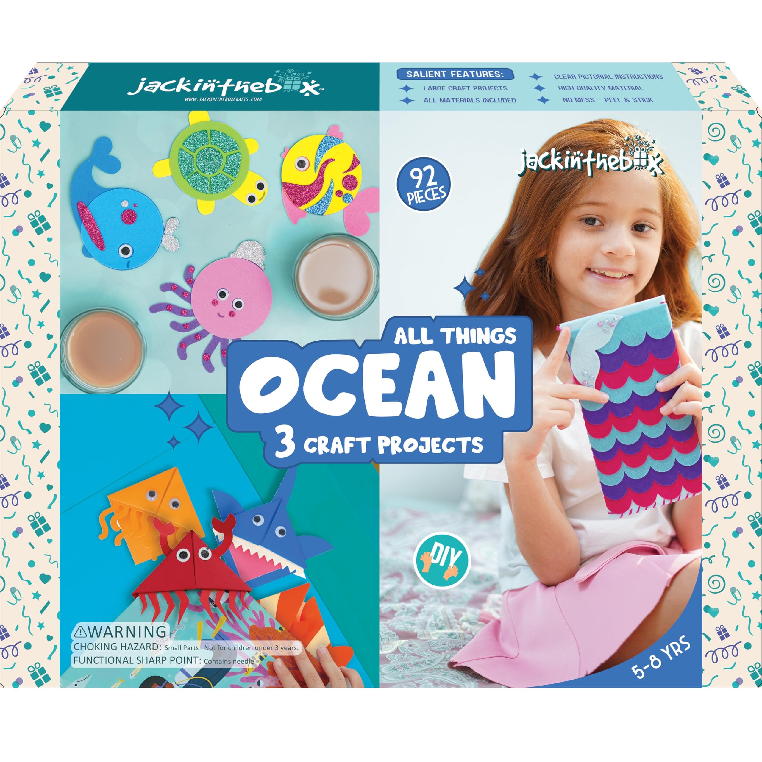 jackinthebox Cardboard Under The Sea Themed Craft Kit | Includes Beautiful Felt Mermaid Sewing Kit | 3 Different Crafts-in-1 | Best Gift Girls Ages 6 to 10 Years (3-in-1, Multicolor)