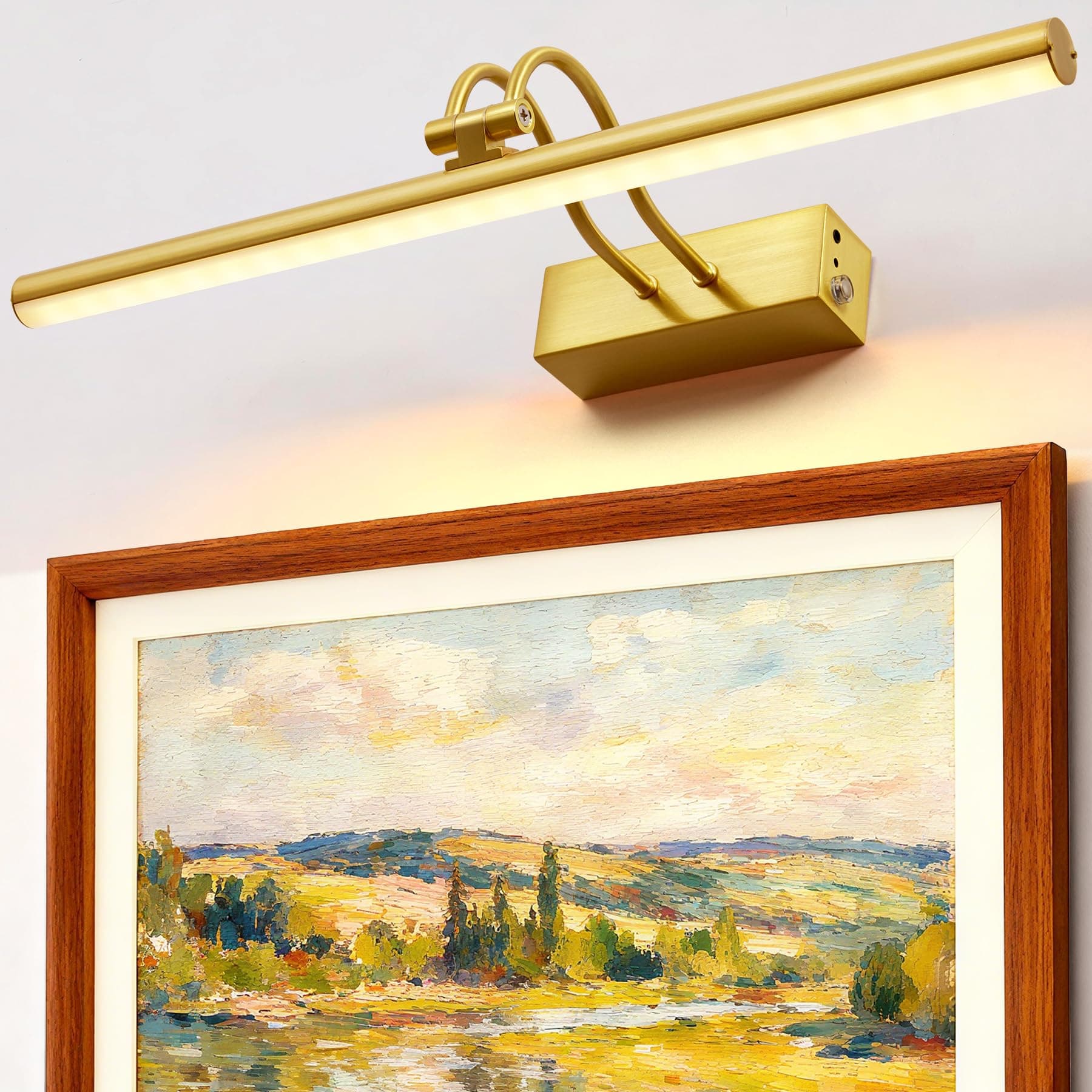 Picture Light, 16" Cordless Picture Lights for Wall with Timer and Dimmable, Battery Operated Wall Lights for Display Gallery Painting Art Frame Portrait - Plated Gold Metal