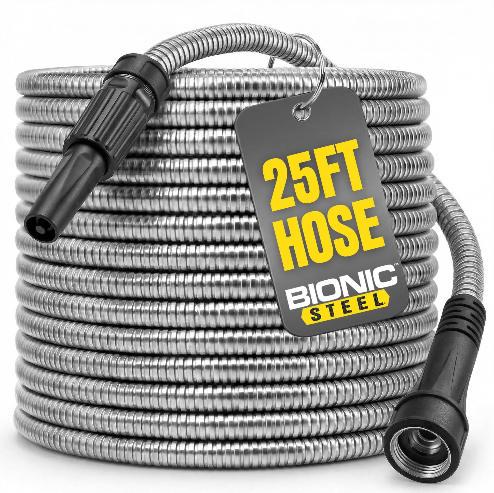 Bionic Steel 25 Ft Metal Garden Hose with Nozzle, 25Ft x 5/8 In. Premium 304 Stainless Steel Metal Water Hose, Flexible Non Kinking, Lightweight, Heavy Duty, for Yard, Outdoor