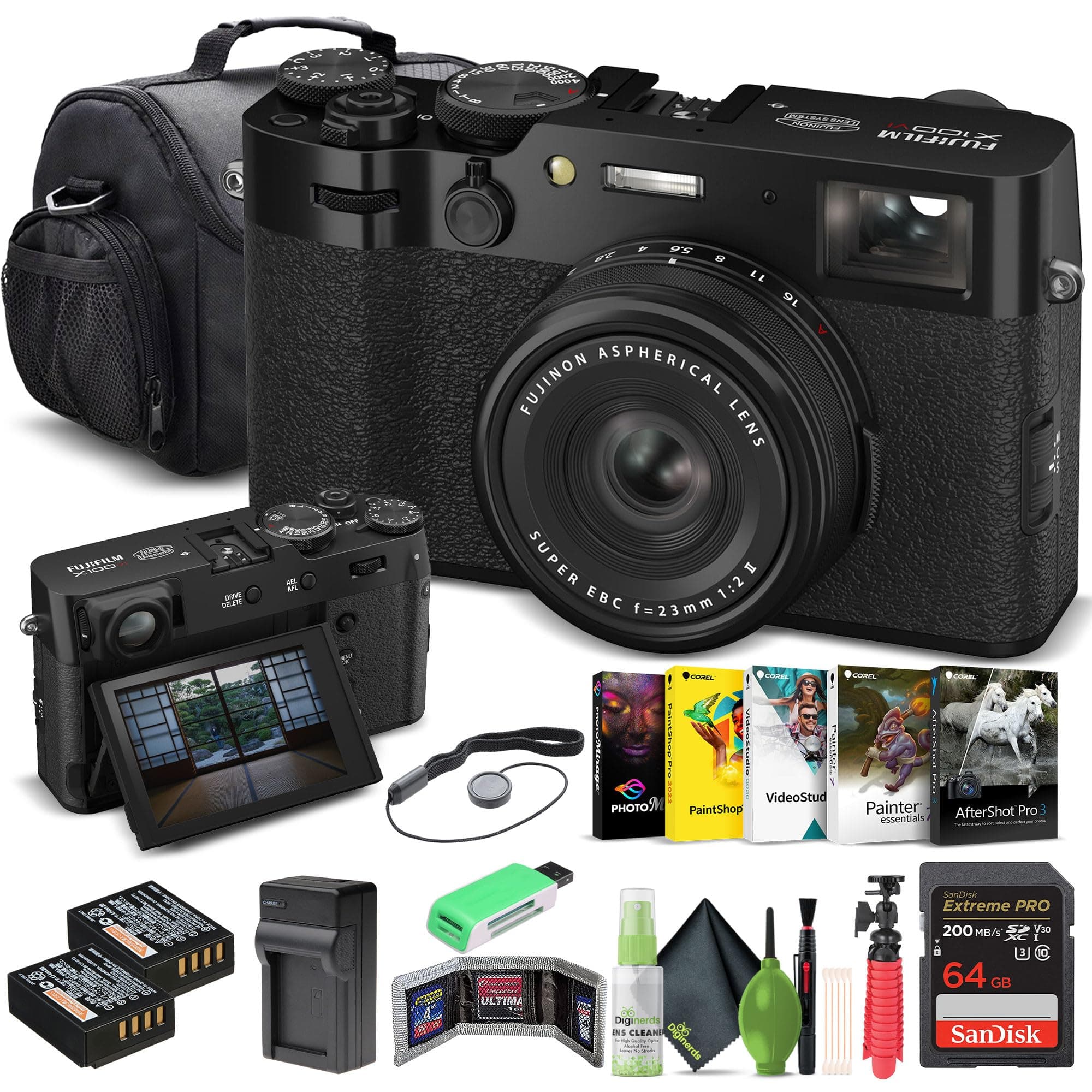FUJIFILM X100VI Digital Camera (Black) (16821913) + 64GB Card + Card Reader + Battery + Charger + Photo Software + Carrying Case + Flexible Tripod + Card Wallet