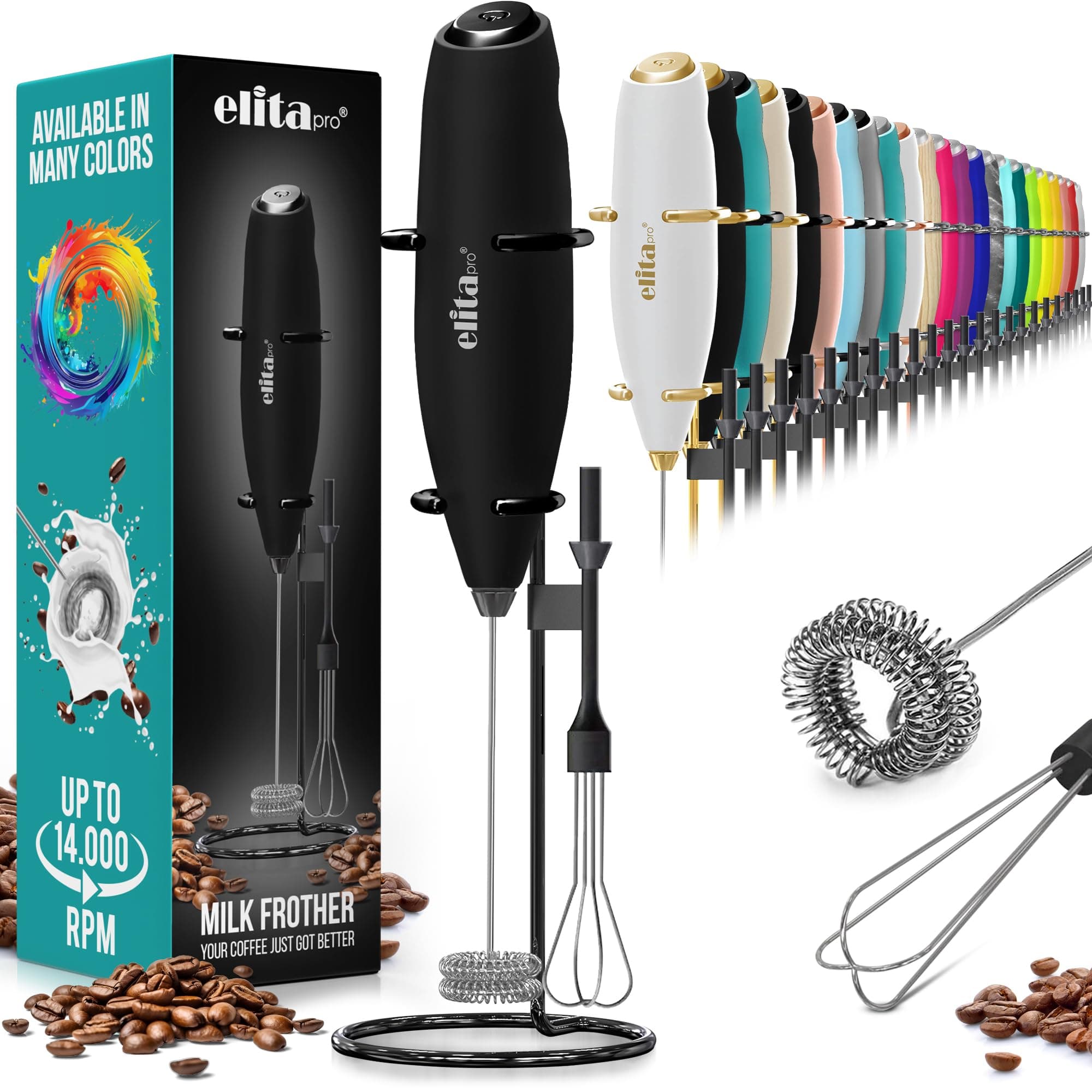 ELITAPRO ULTRA-HIGH SPEED Milk Frother - Double Whisk Handheld Foam Maker - 2-in-1 Drink Mixer - Detachable Egg Beater - Frother Wand for Matcha, Coffee, Latte, Cappuccino, Hot Chocolate (Black)