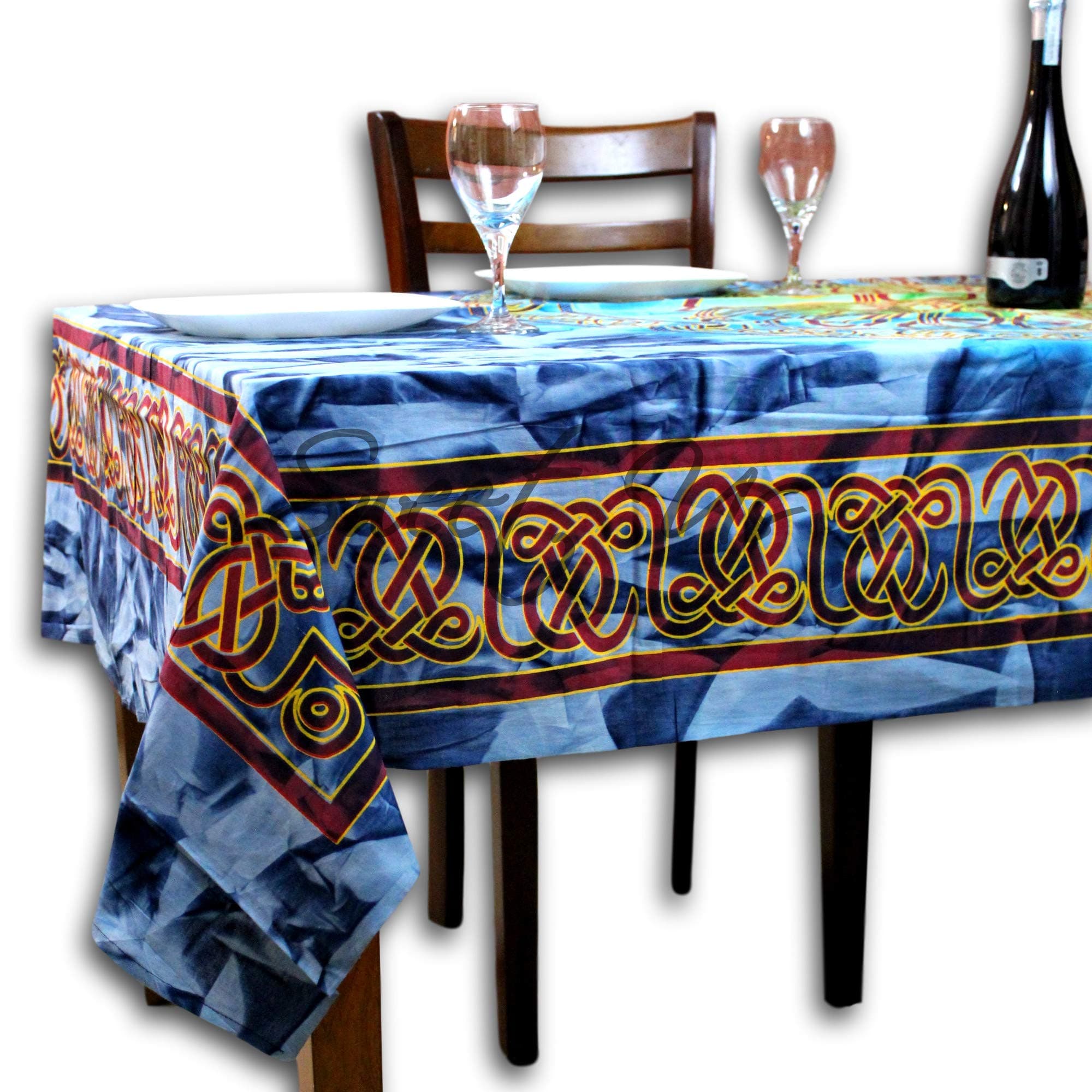 Cotton Batik Celtic Circle Wheel of Life Rectangle Tablecloth 86x102 Blue Red Yellow