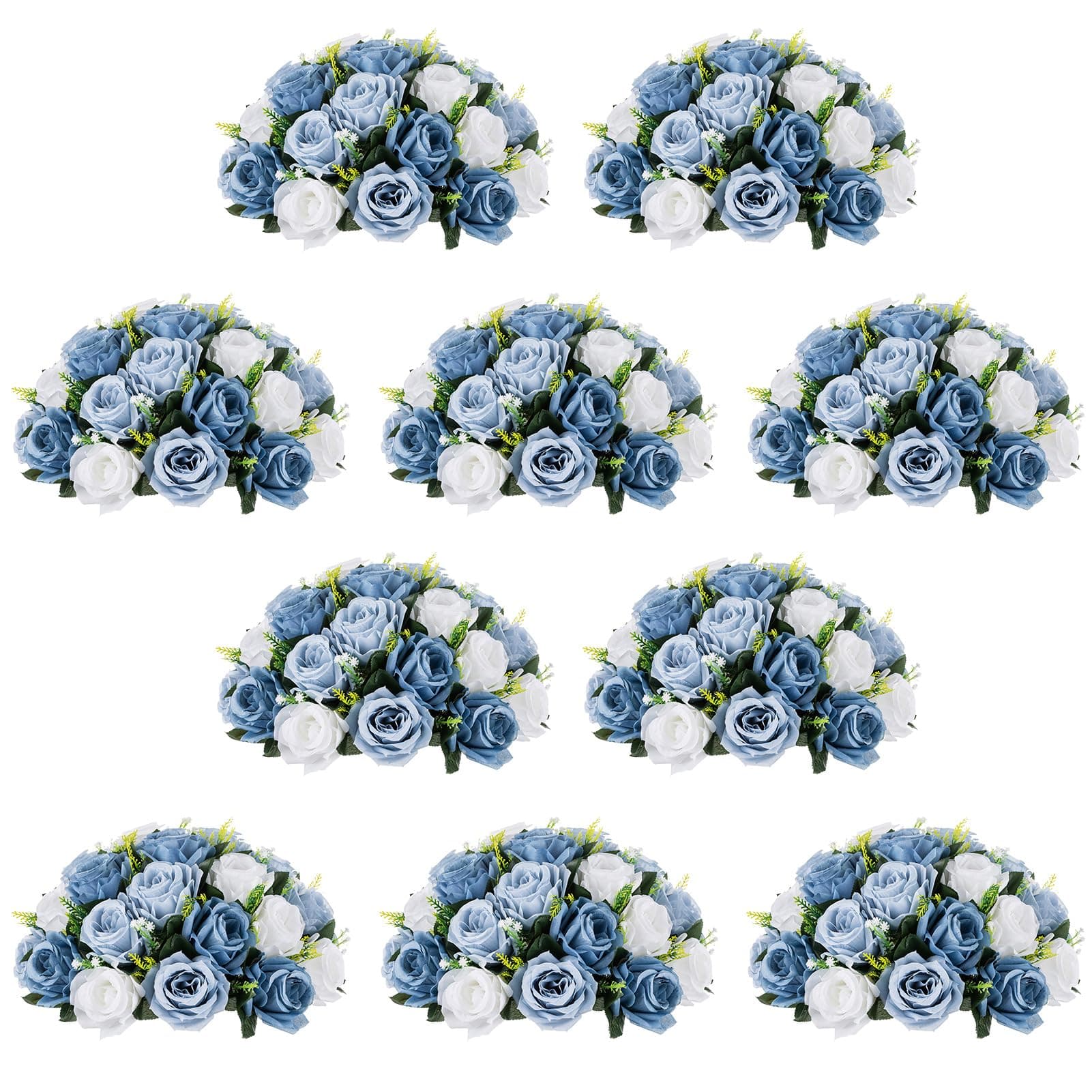 NUPTIOLarge Artificial Flower Centerpieces - 10 Pcs 13.8in Diameter Dusty Blue & White Fake Flowers Roses Balls - Silk Faux Rose Arrangement for Tables Wedding Party Centerpiece Table Decorations