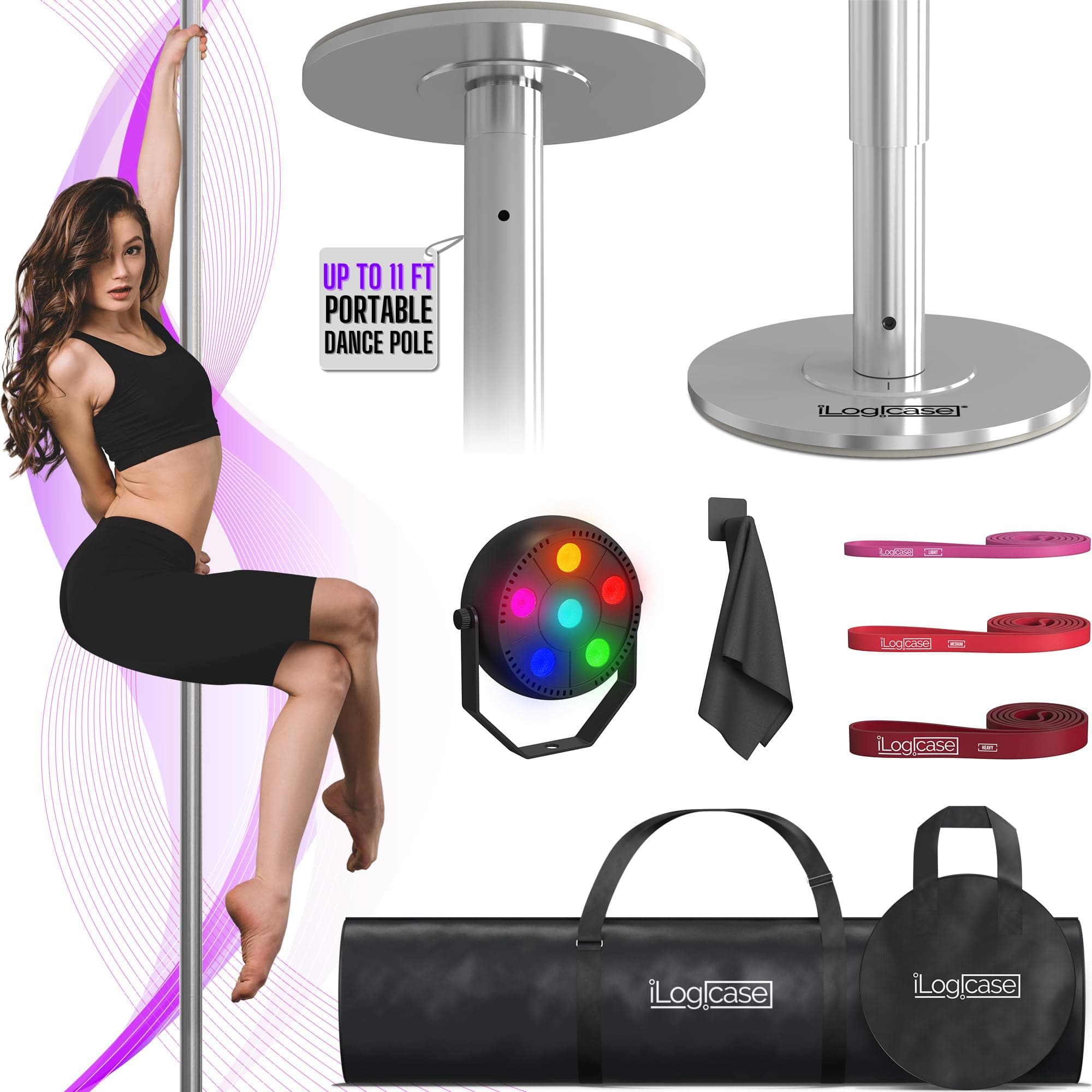 Spinning Dancing Pole for Home | Portable and Heavy Duty 45mm Dance Pole Apartment Friendly, Adjustable Height 7ft to 11ft, w/Pole Conditioning Bands Set, LED Light and Carry Bags (Chrome)
